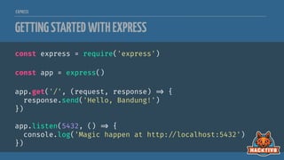 EXPRESS
GETTINGSTARTEDWITHEXPRESS
const express = require('express')
const app = express()
app.get('/', (request, response) 
=> {
response.send('Hello, Bandung!')
})
app.listen(5432, () 
=> {
console.log('Magic happen at http:
//localhost:5432')
})
 