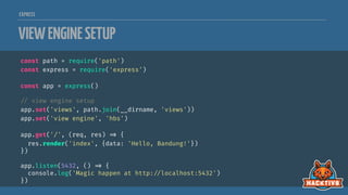 EXPRESS
VIEWENGINESETUP
const path = require('path')
const express = require('express')
const app = express()

// view engine setup
app.set('views', path.join(__dirname, 'views'))
app.set('view engine', 'hbs')
app.get('/', (req, res) 
=> {
res.render('index', {data: 'Hello, Bandung!'})
})
app.listen(5432, () 
=> {
console.log('Magic happen at http:
//localhost:5432')
})
 