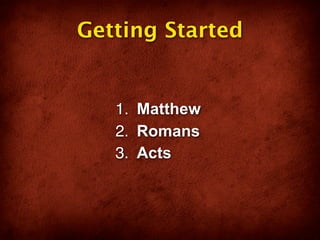 Getting Started


   1. Matthew
   2. Romans
   3. Acts
 