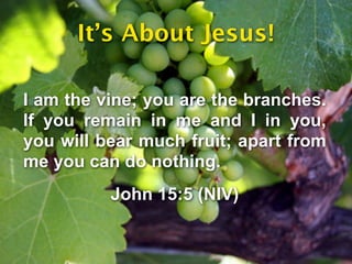 It’s About Jesus!

I am the vine; you are the branches.
If you remain in me and I in you,
you will bear much fruit; apart from
me you can do nothing.
          John 15:5 (NIV)
 