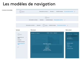 Les modèles de navigation
3 versions horizontales
Verticale Plein écran Slide vertical
 