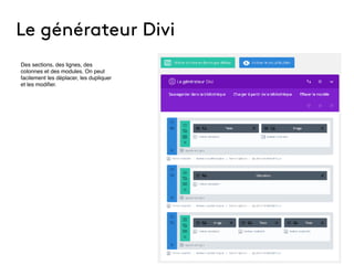 Le générateur Divi
Des sections, des lignes, des
colonnes et des modules. On peut
facilement les déplacer, les dupliquer
et les modiﬁer.
 