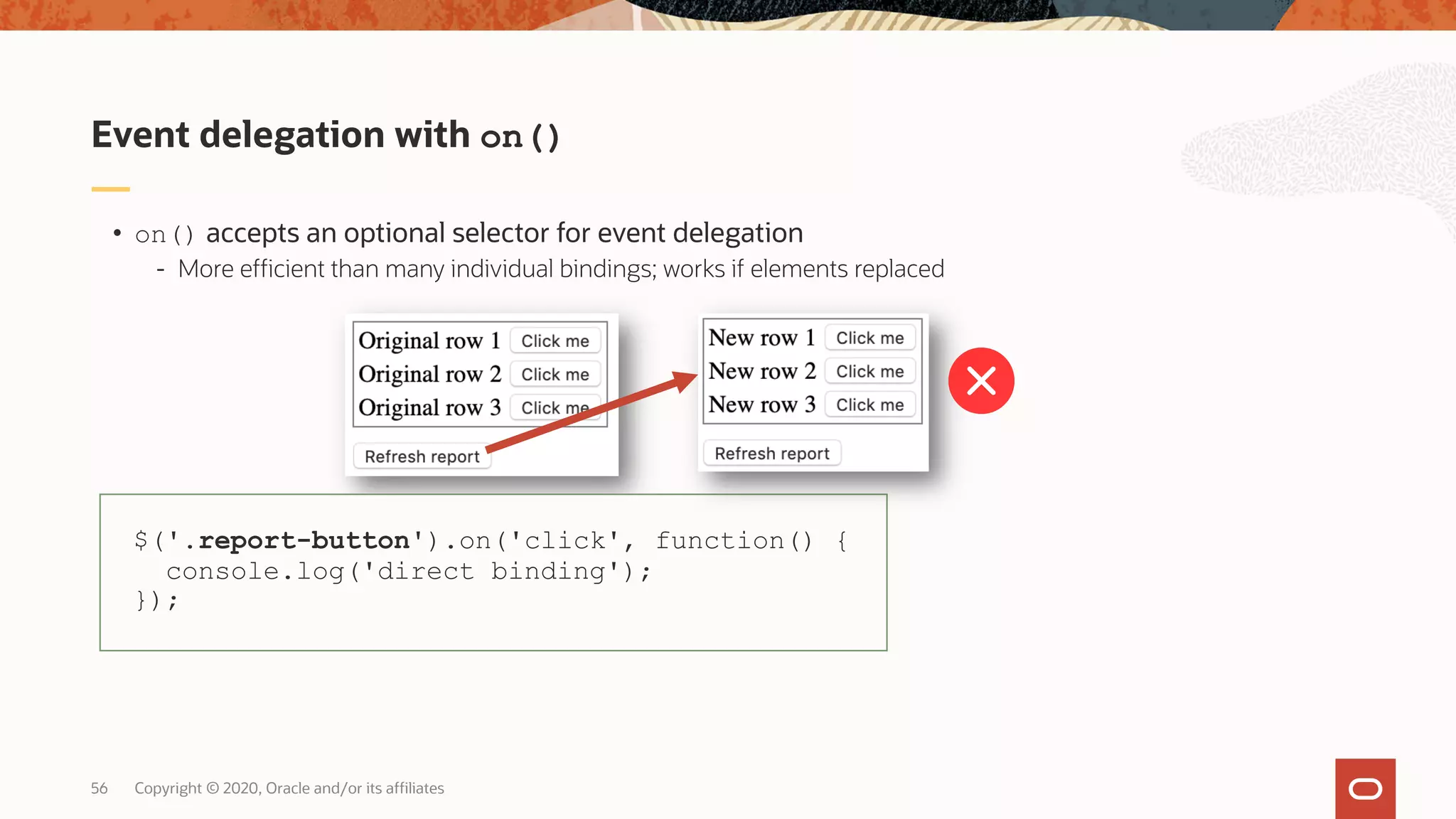 Copyright © 2020, Oracle and/or its affiliates56 • on() accepts an optional selector for event delegation - More efficient than many individual bindings; works if elements replaced Event delegation with on() $('.report-button').on('click', function() { console.log('direct binding'); }); 