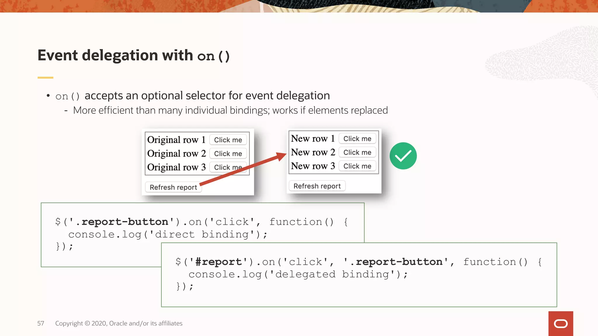 Copyright © 2020, Oracle and/or its affiliates57 • on() accepts an optional selector for event delegation - More efficient than many individual bindings; works if elements replaced Event delegation with on() $('.report-button').on('click', function() { console.log('direct binding'); }); $('#report').on('click', '.report-button', function() { console.log('delegated binding'); }); 