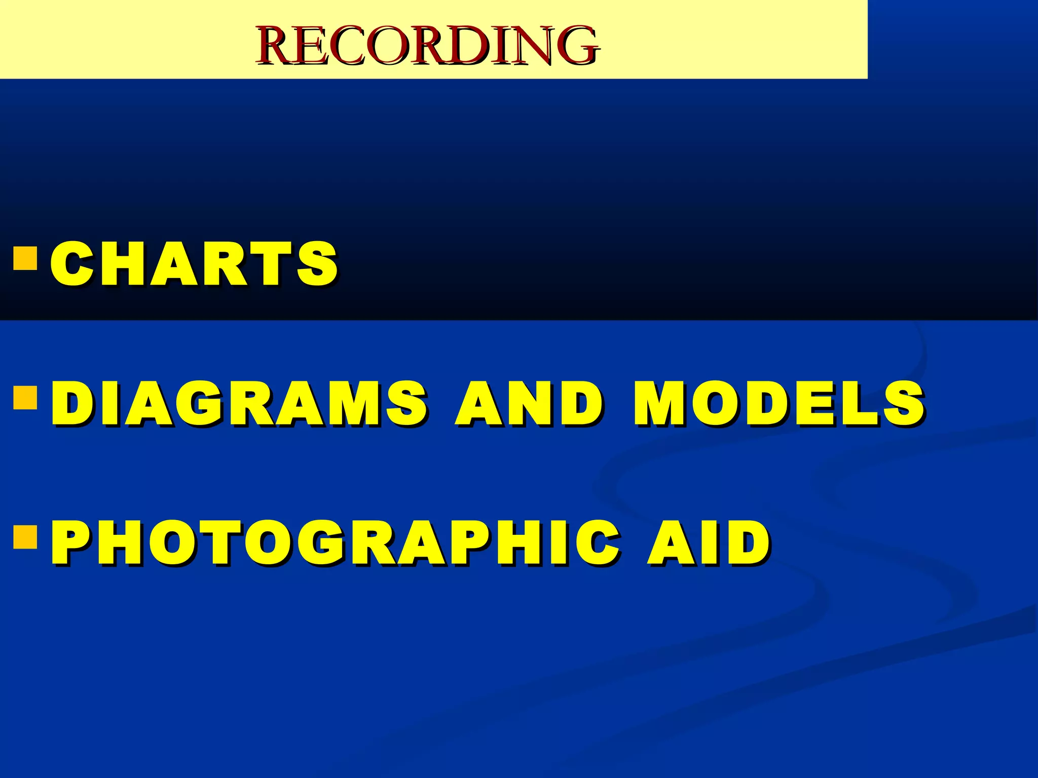 RECORDING


 CHARTS


 DIAGRAMS   AND MODELS

 PHOTOGRAPHIC   AID
 