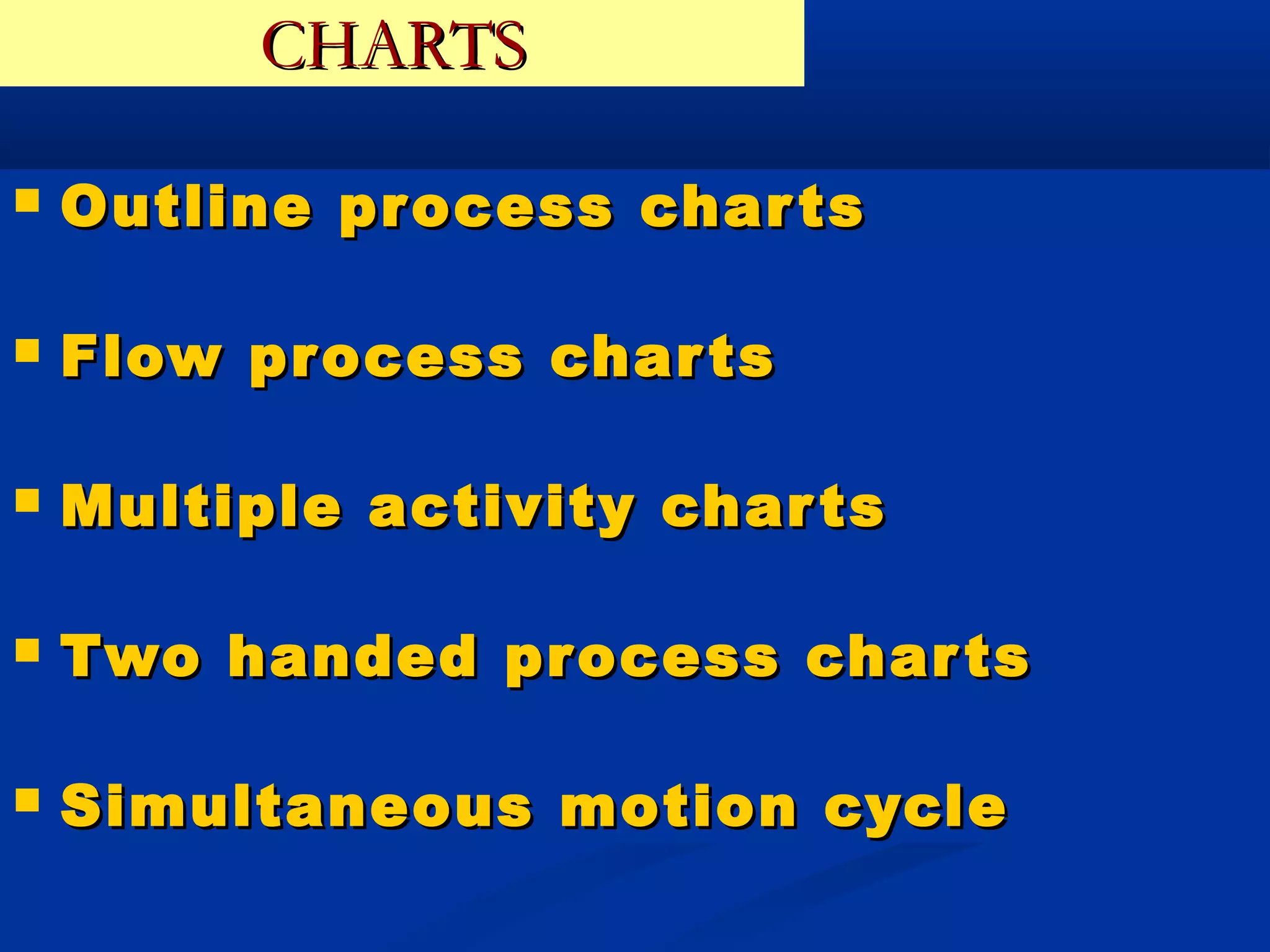 CHARTS

   Outline process char ts

   Flow process char ts

   Multiple activity char ts

   Two handed process char ts

   Simultaneous motion cycle
 