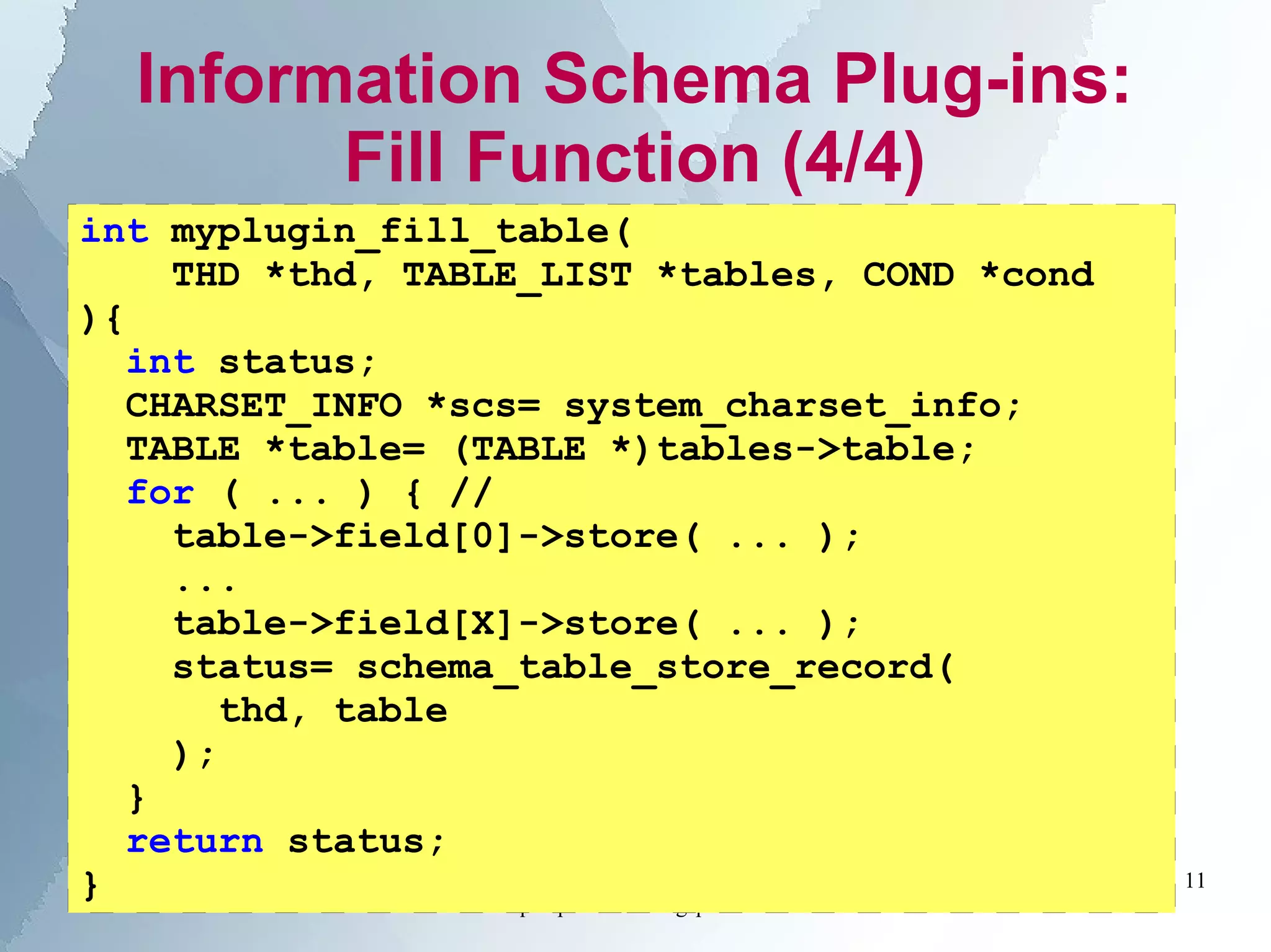 Roland Bouman
http://rpbouman.blogspot.com/
11
Information Schema Plug-ins:
Fill Function (4/4)
int myplugin_fill_table(
THD *thd, TABLE_LIST *tables, COND *cond
){
int status;
CHARSET_INFO *scs= system_charset_info;
TABLE *table= (TABLE *)tables->table;
for ( ... ) { //
table->field[0]->store( ... );
...
table->field[X]->store( ... );
status= schema_table_store_record(
thd, table
);
}
return status;
}
 