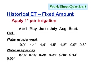 Work Sheet Question 8 Historical ET -- Fixed Amount Apply 1” per irrigation April May June July Aug. Sept. Oct. Water use per week 0.9” 1.1” 1.4” 1.5” 1.2” 0.9” 0.6 ” Water use per day 0.13” 0.16” 0.20” 0.21” 0.18” 0.13” 0.09” 