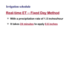 Irrigation schedule Real-time ET -- Fixed Day Method With a precipitation rate of 1.5 inches/hour It takes  24 minutes  to apply  0.6 inches 