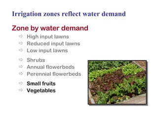 Irrigation zones reflect water demand Zone by water demand High input lawns Reduced input lawns Low input lawns Shrubs Annual flowerbeds Perennial flowerbeds Small fruits Vegetables 