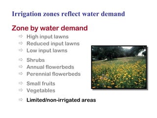 Irrigation zones reflect water demand Zone by water demand High input lawns Reduced input lawns Low input lawns Shrubs Annual flowerbeds Perennial flowerbeds Small fruits Vegetables Limited/non-irrigated areas 