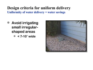 Avoid irrigating small irregular-shaped areas < 7-10’ wide Design criteria for uniform delivery Uniformity of water delivery = water savings 