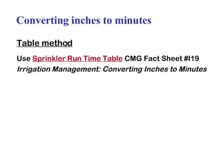 Converting inches to minutes Table method Use  Sprinkler Run Time Table  CMG Fact Sheet #I19 Irrigation Management: Converting Inches to Minutes 
