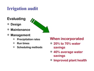 Irrigation audit Evaluating Design Maintenance Management Precipitation rates Run times  Scheduling methods When incorporated 20% to 70% water savings 40% average water savings Improved plant health 