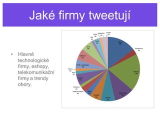Jaké firmy tweetují

•   Hlavně
    technologické
    firmy, eshopy,
    telekomunikační
    firmy a trendy
    obory.
 