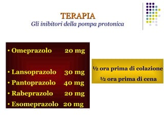 TERAPIA Gli inibitori della pompa protonica Omeprazolo  20 mg  Lansoprazolo  30 mg Pantoprazolo  40 mg Rabeprazolo  20 mg Esomeprazolo  20 mg  ½ ora prima di colazione  ½ ora prima di cena 