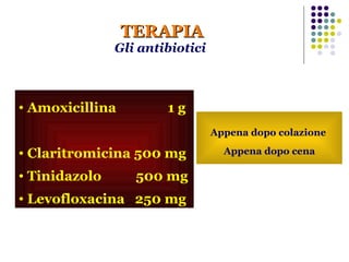 TERAPIA Gli antibiotici  Amoxicillina  1 g  Claritromicina 500 mg Tinidazolo  500 mg Levofloxacina  250 mg Appena dopo colazione  Appena dopo cena 