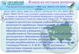 Вчера : из истории вопроса
   Ряд вузов России именно с 1994 года (МЭСИ, СГИ, МГИУ, МИМ
                               «ЛИНК»,
 МГОУ, МПГУ, МГСУ, МАИ (ТУ), СЗГЗТУ, СПГАСиЭ, ТГУ, ЧГУ, ЮРГУ, ДГУ,
МИБиУ, ММАП, МГУС и др.) начинают разворачивать практическую работу
  в городах на территории Российской Федерации и государств, бывших
 республик Советского Союза (на территории стран СНГ и Прибалтики).
- создается достаточно солидная учебно-методическая база,
  организуются зарубежные территориально-обособленные
  структурные подразделения и совместные
  образовательные учреждения;
- разрабатывается Программа развития российской системы
  дистанционного образования, а также
- Концепция единой системы дистанционного образования,
  которая разрабатывалась в соответствии с постановлением
  Госкомвуза России от 31.05.95 г. №6 “О состоянии и
  перспективах создания единой системы дистанционного
  образования в России”.
 