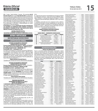800, 1º andar – Santo Antônio - Guarujá – SP, no período de 02
de maio de 2013 até o dia 14 de maio de 2013. O pagamento
deverá ser efetivado na Agência Bancária situada dentro do Paço
Municipal Raphael Vitiello. Os demais atos que necessitarem de
publicidade serão publicados oficialmente apenas no Diário Ofi-
cial do Município, nos termos da Lei Federal nº 8.666/1993, arti-
go 6º, inciso XIII; Lei Orgânica Municipal, artigo 132, § 3º, inciso
II e Lei Municipal nº 2.812/2001, e disponibilizados, em caráter
informativo, no site da Prefeitura.
Os Envelopes nº 1 e 2 e a declaração de pleno atendimento
aos requisitos de habilitação serão recebidos na Diretoria
de Compras e Licitações no dia 15 de maio de 2013 até às
09h55m, iniciando sua abertura às 10h.
Guarujá, 29 de abril de 2013.
WAGNER PEREIRA DA SILVA
SECRETÁRIO MUNICIPAL DE DEFESA E CONVIVÊNCIA SOCIAL
secretarias municipais
Atos oficiais
advocacia geral
DIVISÃO DE INQUÉRITO E PROCESSO
ADMINISTRATIVO DISCIPLINAR
Processo Administrativo Disciplinar nº. 26615/137739/2011
Dra. Sophia Alvarez Amaral Melo Bueno - OAB/SP 310.511
Dr. Rodrigo Rocha Ferreira – OAB/SP 283.133
Processada: S.A.A. - prontuário: 5.762
De ordem da Presidente da Comissão de Processo Administra-
tivo Disciplinar, nomeada pela Portaria AGM nº. 580/2012 ficam
os advogados acima indicados, bem como a Processada, IN-
TIMADOS, para tomarem ciência acerca do indeferimento do
pedido de fls. 329/332, estando cientes os patronos, de que o
prazo para apresentação das Alegações Finais foi publicado no
Diário Oficial do dia 23/04/2013.
Regina Barboza Andrade Bezerra
Presidente da Comissão de Processo Administrativo Disciplinar
DIVISÃO DE INQUÉRITO E PROCESSO
ADMINISTRATIVO DISCIPLINAR
Processo Administrativo Disciplinar nº. 26726/137739/2012
Dr. Epifânio Pereira de Oliveira - OAB/SP 227.884
Processado: G. G. D. S. - prontuário 11.376
De ordem da Presidente da Comissão de Processo Administrati-
vo Disciplinar, nomeada pela Portaria AGM nº. 597/2012, fica, o
advogado acima indicado, INTIMADO, para apresentar as ALE-
GAÇÕES FINAIS, no prazo de 05 (cinco) dias, na Divisão de In-
quérito e Processo Administrativo, sita a Rua Azuil Loureiro, 691,
5º andar, Santa Rosa, Guarujá-SP.
Flávia Augusta Vieira Galvão
Presidente da Comissão de Processo Administrativo Disciplinar
PROCESSO SELETIVO DE
ESTAGIÁRIOS DE DIREITO Nº. 01/2013
EDITAL DE CONVOCAÇÃO
O ADVOGADO GERAL DO MUNICÍPIO, no uso de suas atribui-
ções legais, considerando o Resultado Definitivo do Processo
Seletivo de Estagiários de Direito nº. 01/2013, publicado no Di-
ário Oficial do Município de Guarujá no dia 25 de abril de 2013,
CONVOCA os candidatos descritos no Anexo Único, aprovados
no referido Processo Seletivo, a comparecerem perante a Advo-
cacia Geral do Município (Avenida Santos Dumont, 800, Santo
Antônio, Guarujá/SP), no prazo de 03 (três) dias, a contar do pri-
meiro dia útil subseqüente à publicação deste ato, para apre-
sentação dos seguintes documentos, necessários à celebração
de contrato de estágio:
I - Cópia simples da carteira de identidade (RG), do CPF e de
comprovante de residência atualizado;
II - Declaração de Matrícula original, em que conste o curso e o
semestre/ano no qual está matriculado o candidato, observada
a Cláusula I, 1, do Edital de Seleção de Estágio nº. 01/2013 – Ad-
vocacia Geral do Município, publicado no dia 14 de março de
2013;
III – Cópia de documento comprobatório de inscrição na Ordem
dos Advogados do Brasil – Seção de São Paulo (OAB/SP), obser-
vada a Cláusula I, 2, do Edital de Seleção de Estágio nº. 01/2013
– Advocacia Geral do Município, publicado no dia 14 de março
de 2013;
O candidato convocado que não comparecer junto a Advoca-
cia Geral do Município no prazo estabelecido ou não fizer uso
da faculdade contida na Cláusula III, 24, do Edital de Seleção de
Estágio nº. 01/2013 – Advocacia Geral do Município será auto-
maticamente eliminado do Processo Seletivo.
Guarujá/SP, 29 de abril de 2013.
ANDRÉ FIGUEIRAS NOSCHESE GUERATO
Advogado Geral do Município
ANEXO ÚNICO – CANDIDATOS CONVOCADOS:
CLASSIF. NOME RG PONTOS
01 Luana Nayara da Penha Sobrinho 35910320-0 32
02 Gabriele dos Santos e Sousa 48.564.160-4 32
03 José Jakson Bezerra de Amorim 7678056 31,5
04 Ana Carolina Camargo Rodrigues 37.116.825-9 26,5
05 Daina Bergman Franzon 39.705.212-1 24,75
06 Rebeca Amaro Pereira 34646287-3 23,5
07 José Antônio Gomes Mariano Miziara 27.559669-2 23,0
08 Roseli Araújo Dias Monteiro 43.918.155-0 22,0
administração
EDITAL DE CONVOCAÇÃO
Ficam os servidores abaixo relacionados, convocados a darem
ciência em documentos de seu interesse, indicados na coluna
respectiva. Favor comparecer no Recursos Humanos da PMG, no
Paço Raphael Vitiello, Av. Santos Dumont nº 640 – térreo – sala
33: às 2ª, 3ª, 5ª e 6ª das 12 às 16 horas; e às 4ª das 9 às 13 horas.
O documento estará à disposição pelo período máximo de 10
(dez) dias, a partir desta publicação, após o qual será encami-
nhado para arquivo.
NOME PRONT. DOCUMENTO
Ademar Pozzani 20.143 Portaria nº 1269/2013
Adriana Cristina Silva 10.502 Processo nº 11370/2013
Adriana da Silva Fernandes 20.047 Portaria nº 1261/2013
Adriana de Oliveira Santos 13.917 Processo nº 11971/2013
Adriana Rachid Godinho nomeação Portaria nº 2314/2013
Alano da Silva Souza 13.948 Processo nº 10773/2013
Alexandra de Lima Rodrigues 19.285 Portaria nº 1282/2013
Alexandra Linda Herbst Matos 20.110 Portaria nº 1287/2013
Alexandre Alonso 13.712 Processo nº 09883/2013
Aline Borges de Carvalho 14.856 Processo nº 16796/2011
Amada de Oliveira Araujo 17.828 Portaria nº 1215/2013
Ana Celia Rosa Marques 12.030 Processo nº 18267/2008
Ana Claudia da Silva 10.691 Processo nº 09938/2013
Ana Lucia de Araujo Souza 17.362 Processo nº 12064/2013
Ana Paula Farias da Silva 20.036 Processo nº 09324/2013
Ana Paula Rodrigues da Silva 13.682 Processo nº 08262/2013
Ana Silvia Alcantara Lancelotti 11.547 Processo nº 09429/2013
Ana Terezinha Lopes Placa 12.173 Processo nº 08866/2013
Ana Valeria de Amorim da Silva 13.310 Processo nº 10602/2013
Analice Mendes de Melo 13.572 Processo nº 09885/2013
Andreia Gomes de Carvalho 12.930 Processo nº 00980/2013
Andreia Gomes de Carvalho 12.930 Processo nº 07503/2013
Andreia Paiva dos Santos 15.110 Processo nº 07176/2011
Angela Gentil 19.008 Processo nº 09138/2013
Anna Luiza da Cruz 19.626 Processo nº 10604/2013
Anselmo da Silva 14.402 Processo nº 09886/2013
Antonio Carlos Menezes Marques 9.567 Processo nº 11467/2013
Antonio Carlos Viana 20.189 Portaria nº 2217/2013
Antonio Celso dos Santos 13.044 Processo nº 11926/2013
Antonio Henrique Gabriel 12.465 Processo nº 04789/2011
Averaldo Menezes Almeida 18.547 Portaria nº 1271/2013
Benito Jose Vidal Chicata 11.742 Processo nº 10879/2013
Bruno de Carvalho Reis 20.062 Portaria nº 1305/2013
Caio Machado Nunes 20.059 Portaria nº 1312/2013
Carmen Gomes Canhoto 16.575 Processo nº 11700/2013
Catia Cristina dos Santos 13.571 Processo nº 09868/2011
Celia Venceslau de Souza 17.790 Requerimento
Celimar do Nascimento Silva 18.656 Processo nº 10733/2013
Charlene Alencar Chaves 18.449 Processo nº 09569/2013
Cheila Marise Baptista Ramos 11.489 Processo nº 10380/2013
Clara Yuri Chinen 12.204 Processo nº 10863/2013
Claudia Nascimento de Oliveira 12.143 Processo nº 15135/2011
Claudiana de Araujo 20.048 Portaria nº 1260/2013
Cristina Magalhães Collaco 5.754 Processo nº 11698/2013
Danielle de Toledo Laborde 18.526 Portaria nº 1223/2013
Darci Pereira de Macedo 14.531 Processo nº 31906/2011
Dario Salgado Rodrigues 13.770 Processo nº 26394/2011
Debora da Conceição Alves 10.602 Processo nº 15059/2011
Deborah Bombach Correa 13.122 Processo nº 10977/2013
Delene Carolina Fernandes 13.578 Processo nº 11659/2013
Denilda Valentim Vanderlei 10.704 Processo nº 11106/2013
Denilson Inacio dos Santos 14.736 Processo nº 07497/2011
Denise Diogo Pedrao 17.285 Portaria nº 1353/2013
Denise Rodrigues Silva Lima 12.625 Processo nº 08858/2013
Deyse Ramos de Oliveira 19.599 Portaria nº 1227/2013
Dilma Tereza Lemos 8.272 Processo nº 14647/2011
Douglas Francisco da Costa 19.558 Portaria nº 1231/2013
Durval Andrede da Silva 17.550 Portaria nº 1197/2013
Edimelson da Silva Correia 14.782 Processo nº 07485/2011
Edinalva Francisca da Silva 18.417 Processo nº 12084/2013
Edmir de Souza Fagundes 14.934 Processo nº 07956/2013
Edna da Fonseca Maia 10.888 Processo nº 21405/2013
Eduardo da Silva Oliveira 15.384 Requerimento
Elaine Cristina Santos 8.337 Processo nº 11382/2013
Elaine Pinto Lourenço 12.926 Processo nº 15801/2011
Elaine Pinto Lourenço 12.926 Processo nº 12692/2013
Eliane de Aguiar Alves 10.892 Processo nº 11784/2013
Elias de Oliveira Filho 11.169 Processo nº 11101/2013
Elizabeth de Souza Gonçalves 5.852 Processo nº 13704/2011
Elizabeth Mele Vieia 10.007 Processo nº 10850/2013
Esperança Pereira da S. Correia 13.879 Processo nº 09539/2011
Eunice Santos de Albuquerque 11.396 Processo nº 09058/2013
Evandro Giovani Schott 13.602 Processo nº 11659/2013
Evanira Pereira Moura 9.930 Processo nº 10081/2013
Fabio da Silva Aristeu 17.529 Processo nº 08961/2013
Fabio de Oliveira Alves 14.142 Processo nº 09882/2013
Fabio Renato Aguetoni Marques 14.909 Processo nº 04781/2011
Fernando Snadro da Conceição 14.393 Processo nº 05690/2011
Flavia de Souza Barracho 13.571 Processo nº 07381/2010
Gabriella Neves Gallo 20.073 Portaria nº 1307/2013
Genaura Santos Richelmann 16.642 Processo nº 11778/2013
Gilvanete Santos de Melo 10.533 Requerimento
Guillermo Barramonde 7.075 Processo nº 11534/2013
Guiomar Leda Lemos 17.493 Portaria nº 1195/2013
Helena Maria Nunes Pereira 5.741 Processo nº 09970/2013
Horjana Prakseda Pereira 16.590 Processo nº 06768/2013
Hosana Moreira Lima 10.722 Requerimento
Igor Alves de Souza 18.041 Portaria nº 1230/2013
Ingrid Gamito Rondini 18.604 Portaria nº 1222/2013
Ingrid Gamito Rondini 18.604 Portaria nº 1222/2013
Ingrid Ramiro da Silva 19.582 Portaria nº 1283/2013
Iracema da Silva Ferreira 14.709 Processo nº 06472/2013
Ireni Rodrigues de Souza 19.013 Requerimento
Isabelle Lima Senni 19.644 Processo nº 09855/2013
Ismael Peres da Silva 3.714 Processo nº 23850/2012
Ituo Sato 10.255 Requerimento
Jacy Antonio Fernandes 3.390 Processo nº 10083/2013
Jamil Vila Nova 19.623 Portaria nº 1302/2013
Jeanete Souza da Silva 5.742 Processo nº 11702/2013
Joao Antonio da Silva 12.690 Processo nº 09915/2013
Joao Lourenço dos Santos 20.087 Portaria nº 1322/2013
Jose Carlos Pinho 19.589 Portaria nº 1306/2013
Jose Luis dos Santos Lutério 17.749 Portaria nº 1214/2013
Jose Rafael Thomé Gunter 18.301 Portaria nº 1226/2013
Jose Xavier Batista 17.873 Processo nº 10739/2013
Josefa Clara do Carmo 11.046 Processo nº 08889/2013
Joselito da Silva Borges 17.382 Requerimento
Josue Alves da Silva Santos 14.920 Processo nº 10680/2013
Juliana Conceição Santos 19.606 Portaria nº 1232/2013
Jurandir Bezerra Ferreira 13.895 Processo nº 05041/2010
Katia Borges Varjão 18.680 Portaria nº 1225/2013
Keli Cristina Soares 19.264 Portaria nº 1229/2013
Leda Maria Ferreira de Souza 17.377 Portaria nº 1280/2013
Leonardo Danilo Lisboa 16.246 Processo nº 08813/2012
Leonardo Wolf Gomes Bloem 19.203 Portaria nº 1221/2013
Lidiane Cristina Silva Oliveira 18.990 Processo nº 11376/2013
terça-feira
30 de abril de 2013
15GUARUJÁ
Diário Oficial
 