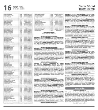Luciana da Costa Pinto 14.946 Processo nº 09572/2013
Luciana Rodrigues da Silva 20.063 Portaria nº 1259/2013
Luciana Salituri Leal 12.999 Processo nº 10735/2013
Lucy Gomes Calado 9.613 Processo nº 11535/2013
Luiz Fernando Cizotto 14.786 Processo nº 06051/2011
Luiz Gonzaga Dimampera 6.607 Processo nº 20865/2012
Magali Gaspar Lourenço 10.257 Processo nº 35597/2012
Magda Gorete Merkx 10.970 Requerimento
Mara Denise da Silva 13.000 Processo nº 15633/2011
Marcela da Silva Souza 20.046 Portaria nº 1263/2013
Marcelly Marjory Santos 17.727 Portaria nº 1190/2013
Marcelo Pinto Silva 19.431 Processo nº 07153/2013
Marcelo Ricardo Lourenço 12.636 Requerimento
Marcia Guedes de Amorim 17.419 Portaria nº 1278/2013
Marcos Rodrigues da Silva 20.064 Portaria nº 1262/2013
Margareth Anilsa Teodoro 6.452 Processo nº 08890/2013
Maria Aparecida Donizete 16.314 Processo nº 12075/2013
Maria Cristina de Oliveira 18.047 Processo nº 09533/2013
Maria das Neves Marques 14.426 Processo nº 09078/2013
Maria Elisa Ribeiro 2.132 Processo nº 12287/2011
Maria Julia Freire da Costa 20.035 Processo nº 09323/2013
Maria Luiza Santos da Costa 2.941 Processo nº 11102/2013
Maria Regina Carvalho 18.394 Processo nº 06948/2013
Maria Seleta da Silva 10.995 Processo nº 09140/2013
Maria Valdinete da Silva 6.639 Processo nº 11410/2013
Marileida Gonçalves Ferreira 12.841 Processo nº 15665/2012
Mario Flavio Meneses de Souza 16.270 Processo nº 10493/2013
Mario Kawakami 13.163 Processo nº 11956/2013
Marlene Campestrini de Melo 14.325 Processo nº 04134/2013
Marlene Farias de Oliveira 17.498 Portaria nº 1191/2013
Marlene Martins de Lima 16.319 Processo nº 10990/2013
Mauricio Hiroshi Yamada 19.159 Processo nº 11659/2013
Maurilio Tadeu de Campos 2.799 Processo nº 32923/2012
Nadia Alexandre de Souza 19.314 Requerimento
Nanci Baptista 18.768 Portaria nº 1220/2013
Nanci Guedes Nastari 19.640 Portaria nº 1277/2013
Narcizo P. da Silva 12.441 Processo nº 10797/2013
Nedi dos Reis Queiroz Silva 7.288 Processo nº 20593/1993
Nedi dos Reis Queiroz Silva 7.288 Processo nº 13467/1995
Nedi dos Reis Queiroz Silva 7.288 Processo nº 16185/2006
Nedi dos Reis Queiroz Silva 7.288 Processo nº 15624/2000
Neemias Cerqueira Andrade 14.411 Processo nº 10881/2013
Nicoli de Moraes 19.598 Portaria nº 1233/2013
Odair Dias Filho 19.602 Portaria nº 1275/2013
Patricia Regina Gomes 20.141 Portaria nº 1288/2013
Paula Izolina Cespedes 13.030 Processo nº 09329/2013
Paulino Gil dos Santos Neto 14.413 Processo nº 09547/2011
Paulo Eduardo do Nascimento 17.936 Portaria nº 1192/2013
Paulo Sergio da Encarnação 15.520 Processo nº 11306/2013
Pedro Fernando de Moraes Scott 19.505 Portaria nº 1279/2013
Rafael Martins Ferreira 15.935 Processo nº 18765/2011
Regina Celia de Oliveira Alves 12.564 Processo nº 12288/2011
Renata Aparecida Ribeiro 12.061 Processo nº 15183/2011
Renato da Silva Matheus 13.013 Processo nº 15563/2011
Rita Aparecida de Oliveira Albuquerque 11.365 Processo nº 04255/2013
Rita de Cassia da Silva 12.222 Processo nº 08865/2013
Rodrigo Andrade de Freitas 13.496 Processo nº 11477/2013
Rogerio de Souza 4.088 Processo nº 10433/2013
Rosana de Oliveira da Nobrega 15.763 Processo nº 11849/2013
Roseli Aparecida Sanches 11.701 Processo nº 24753/2011
Roseli Ferreira da Cunha Campos 13.012 Processo nº 01397/2005
Rosely Silva Aguiar 16.333 Processo nº 12127/2013
Rosemary Fischer da Silva 19.513 Portaria nº 1284/2013
Rosemary Ruiz 8.554 Requerimento
Rosiney Contato de Souza 18.683 Portaria nº 1238/2013
Rute da Silva Moreira 18.430 Portaria nº 1196/2013
Sabrina dos Santos Ferreira 19.149 Portaria nº 1234/2013
Sabrina Ferreira Lovecchio 16.976 Processo nº 11368/2013
Sandra Maria Ribeiro 12.831 Processo nº 10000/2013
Sandra Reis de Barros 11.574 Processo nº 08977/2013
Sergio Renato Iplinsky 18.441 Portaria nº 1276/2013
Sheila Lourenço Guimarães 20.013 Processo nº 10849/2013
Sheila Lourenço Guimarães 20.013 Portaria nº 1285/2013
Silvia Helena Barbosa 12.772 Processo nº 09534/2013
Silvia Regina de Toledo Cabral 18.260 Portaria nº 1303/2013
Silvio Bettim 11.876 Processo nº 08924/2013
Silvio Fernandes de Campos Filho 17.458 Portaria nº 1321/2013
Simone Ferreira de Jesus 19.298 Processo nº 10436/2013
Simone Vicente da Costa 10.174 Processo nº 10438/2013
Solange Mendes Rodrigues 12.076 Processo nº 10974/2013
Sonia Solange dos Santos 10.899 Requerimento
Suellen Kassie Batalha 17.416 Portaria nº 1193/2013
Suerda Maria Antunes 8.859 Processo nº 10496/2013
Tallita Algusto Mortensen 15.920 Processo nº 11213/2013
Tania Maria Vaz 14.610 Processo nº 12190/2013
Tereza Ferreira Alves 20.017 Portaria nº 1224/2013
Valquiria Cruz de Albuquerque 20.100 Processo nº 11119/2013
Valter Antonio Carrara 18.562 Portaria nº 1320/2013
Veridiana Cristina Chagas 19.597 Portaria nº 1236/2013
Walderez da Silva Teixeira 17.056 Processo nº 11659/2013
Wania Maria de Avila Ribeiro 17.235 Processo nº 11706/2013
Wanusa Eleoterio dos Passos 20.075 Portaria nº 1304/2013
Wilson Roberto Rodrigues 5.756 Processo nº 11046/2013
Zenivalda Dantas 2.646 Requerimento
Diego Bezerra Pereira
Diretor de Gestão de Pessoas
EXTRATO DE TERMO DE RESCISÃO
Rescisão: n.º 760/2013; Contrato: n.º 1112/2011; CONTRATAN-
TE: Município de Guarujá; Contratado(a): DANILO RIBEIRO SAN-
TOS; Objeto: Rescisão, do contrato temporário de prestação de
serviços, a partir de 09/04/2013; Processo Administrativo:n.º
11558/942/2013; Data de assinatura: 17 de abril de 2013, Gua-
rujá, 29 de abril de 2013; Kátia Cristina Cassiano Meles; Coorde-
nadora III - Gestão de Pessoas – Pront. nº 11.507.
EXTRATO DE TERMO DE RESCISÃO
Rescisão:n.º751/2013;CompromissodeEstágio:n.º1754/2012;
CONTRATANTE: Município de Guarujá; Compromissário(a):
RAUL MARQUES RANGEL FERREIRA; Objeto: Rescisão, a partir
de 02/04/2013, do Termo de Compromisso de Estágio, sem vín-
culo empregatício, firmado nos termos da Lei n.º 3.539, de 17 de
dezembro de 2007 e Lei Federal n.º 11.788, de 25 de setembro
de 2008, a pedido do(a) estagiário(a); Processo Administrativo:
n.º 11400/3418/2013; Data de assinatura: 12 de abril de 2013,
Guarujá, 29 de abril de 2013; Kátia Cristina Cassiano Meles; Coor-
denadora III - Gestão de Pessoas – Pront. nº 11.507.
EXTRATO DE TERMO DE RESCISÃO
Rescisão: n.º 817/2013; Compromisso de Estágio:
n.º 1608/2012; CONTRATANTE: Município de Guarujá;
Compromissário(a): BRUNO SOUZA ALMEIDA; Objeto: Resci-
são, a partir de 24/04/2013, do Termo de Compromisso de Es-
tágio, sem vínculo empregatício, firmado nos termos da Lei n.º
3.539, de 17 de dezembro de 2007 e Lei Federal n.º 11.788, de
25 de setembro de 2008, a pedido do(a) estagiário(a); Processo
Administrativo: n.º 12644/187362/2013; Data de assinatura:
24 de abril de 2013, Guarujá, 29 de abril de 2013; Kátia Cristina
Cassiano Meles; Coordenadora III - Gestão de Pessoas – Pront.
nº 11.507.
EXTRATO DE TERMO DE RESCISÃO
Rescisão: n.º 761/2013; Termo de Adesão: n.º 2331/2012; CON-
TRATANTE: Município de Guarujá; Beneficiário (a): ANTÔNIO
CARLOS SANTIAGO; Objeto: Rescisão, a partir de 04/03/2013, do
contrato de prestação de serviços do “Programa de Auxílio-De-
semprego”, instituído pela Lei n.º 3.314; Processo Administrati-
vo: n.º 11557/110956/2013; Data de assinatura: 17 de abril de
2013; Guarujá, 29 de abril de 2013; Kátia Cristina Cassiano Meles;
Coordenadora III - Gestão de Pessoas – Pront. nº 11.507.
EXTRATO DE TERMO DE RESCISÃO
Rescisão: n.º 766/2013; Termo de Adesão: n.º 2276/2012; CON-
TRATANTE: Município de Guarujá; Beneficiário (a): DAYSE DOS
SANTOS CONCEIÇÃO; Objeto: Rescisão, a partir de 08/04/2013,
do contrato de prestação de serviços do “Programa de Auxílio-
Desemprego”, instituído pela Lei n.º 3.314; Processo Adminis-
trativo: n.º 11682/185835/2013; Data de assinatura: 19 de abril
de 2013; Guarujá, 29 de abril de 2013; Kátia Cristina Cassiano
Meles; Coordenadora III - Gestão de Pessoas – Pront. nº 11.507.
EXTRATO DE TERMO DE RESCISÃO
Rescisão: n.º 802/2013; Termo de Adesão: n.º 395/2013; CON-
TRATANTE: Município de Guarujá; Beneficiário (a): SIMONE
SILVEIRA DOS SANTOS; Objeto: Rescisão, a partir de 10/04/2013,
do contrato de prestação de serviços do “Programa de Auxílio-
Desemprego”, instituído pela Lei n.º 3.314; Processo Adminis-
trativo: n.º 12438/147244/2013; Data de assinatura: 23 de abril
de 2013; Guarujá, 29 de abril de 2013; Kátia Cristina Cassiano
Meles; Coordenadora III - Gestão de Pessoas – Pront. nº 11.507.
EXTRATO DE TERMO DE RESCISÃO
Rescisão: n.º 803/2013; Termo de Adesão: n.º 212/2012; CON-
TRATANTE: Município de Guarujá; Beneficiário (a): MARIA DO
CARMOVARGAS ROSA; Objeto: Rescisão, a partir de 16/04/2013,
do contrato de prestação de serviços do “Programa de Auxílio-
Desemprego”, instituído pela Lei n.º 3.314; Processo Adminis-
trativo: n.º 12440/26/2013; Data de assinatura: 23 de abril de
2013; Guarujá, 29 de abril de 2013; Kátia Cristina Cassiano Meles;
Coordenadora III - Gestão de Pessoas – Pront. nº 11.507.
EXTRATO DE TERMO DE RESCISÃO
Rescisão: n.º 804/2013; Termo de Adesão: n.º 2369/2012; CON-
TRATANTE: Município de Guarujá; Beneficiário (a): TATIANA
MONTEIRO DA SILVA; Objeto: Rescisão, a partir de 15/04/2013,
do contrato de prestação de serviços do “Programa de Auxílio-
Desemprego”, instituído pela Lei n.º 3.314; Processo Adminis-
trativo: n.º 12437/26/2013; Data de assinatura: 23 de abril de
2013; Guarujá, 29 de abril de 2013; Kátia Cristina Cassiano Meles;
Coordenadora III - Gestão de Pessoas – Pront. nº 11.507.
EXTRATO DE TERMO DE RESCISÃO
Rescisão: n.º 805/2013; Termo de Adesão: n.º 104/2012; CON-
TRATANTE: Município de Guarujá; Beneficiário (a): ACÁCIO
BERNARDO DE LIMA; Objeto: Rescisão, a partir de 31/03/2013,
do contrato de prestação de serviços do “Programa de Auxílio-
Desemprego”, instituído pela Lei n.º 3.314; Processo Adminis-
trativo: n.º 12437/26/2013; Data de assinatura: 23 de abril de
2013; Guarujá, 29 de abril de 2013; Kátia Cristina Cassiano Meles;
Coordenadora III - Gestão de Pessoas – Pront. nº 11.507.
EXTRATO DE TERMO DE RESCISÃO
Rescisão: n.º 818/2013; Termo de Adesão: n.º 540/2013; CON-
TRATANTE: Município de Guarujá; Beneficiário (a): PRISCILA
JULIANA DOS SANTOS; Objeto: Rescisão, a partir de 15/04/2013,
do contrato de prestação de serviços do “Programa de Auxílio-
Desemprego”, instituído pela Lei n.º 3.314; Processo Adminis-
trativo: n.º 12554/589/2013; Data de assinatura: 24 de abril de
2013; Guarujá, 29 de abril de 2013; Kátia Cristina Cassiano Meles;
Coordenadora III - Gestão de Pessoas – Pront. nº 11.507.
EXTRATO DE TERMO DE RESCISÃO
Rescisão: n.º 806/2013; Termo de Adesão: n.º 1420/2012;
CONTRATANTE: Município de Guarujá; Beneficiário (a): NAYA-
RA GOMES DE LIRA, Objeto: Rescisão, a partir de 16/04/2013,
do contrato de prestação de serviços do “Programa Jovens no
Exercício da Cidadania”, instituído pela Lei n.º 3.314; Processo
Administrativo: n.º 12439/147244/2013; Data de assinatura:
23 de abril de 2013; Guarujá, 29 de abril de 2013; Kátia Cristina
Cassiano Meles; Coordenadora III - Gestão de Pessoas – Pront.
nº 11.507.
educação
EDITAL DE CONVOCAÇÃO
A Direção da Escola Municipal “Dr Gladston Jafet”, serve-se do
presente edital para convocar membros do Conselho de Esco-
la, pais, professores, alunos maiores de idade, funcionários e
demais pessoas da comunidade para a Assembleia Geral a ser
realizada aos trinta dias do mês de abril de dois mil e treze, às
dezesseis horas e trinta minutos, nas dependências desta Uni-
dade Escolar, situada à Rua João Luiz da Silva nº 03, Vila Lígia,
Guarujá, SP, para tratar da seguinte ordem do dia: Aprovação do
Projeto Político Pedagógico para o ano vigente.
Guarujá, 24 de abril de 2013.
terça-feira
30 de abril de 2013
16 GUARUJÁ
Diário Oficial
 