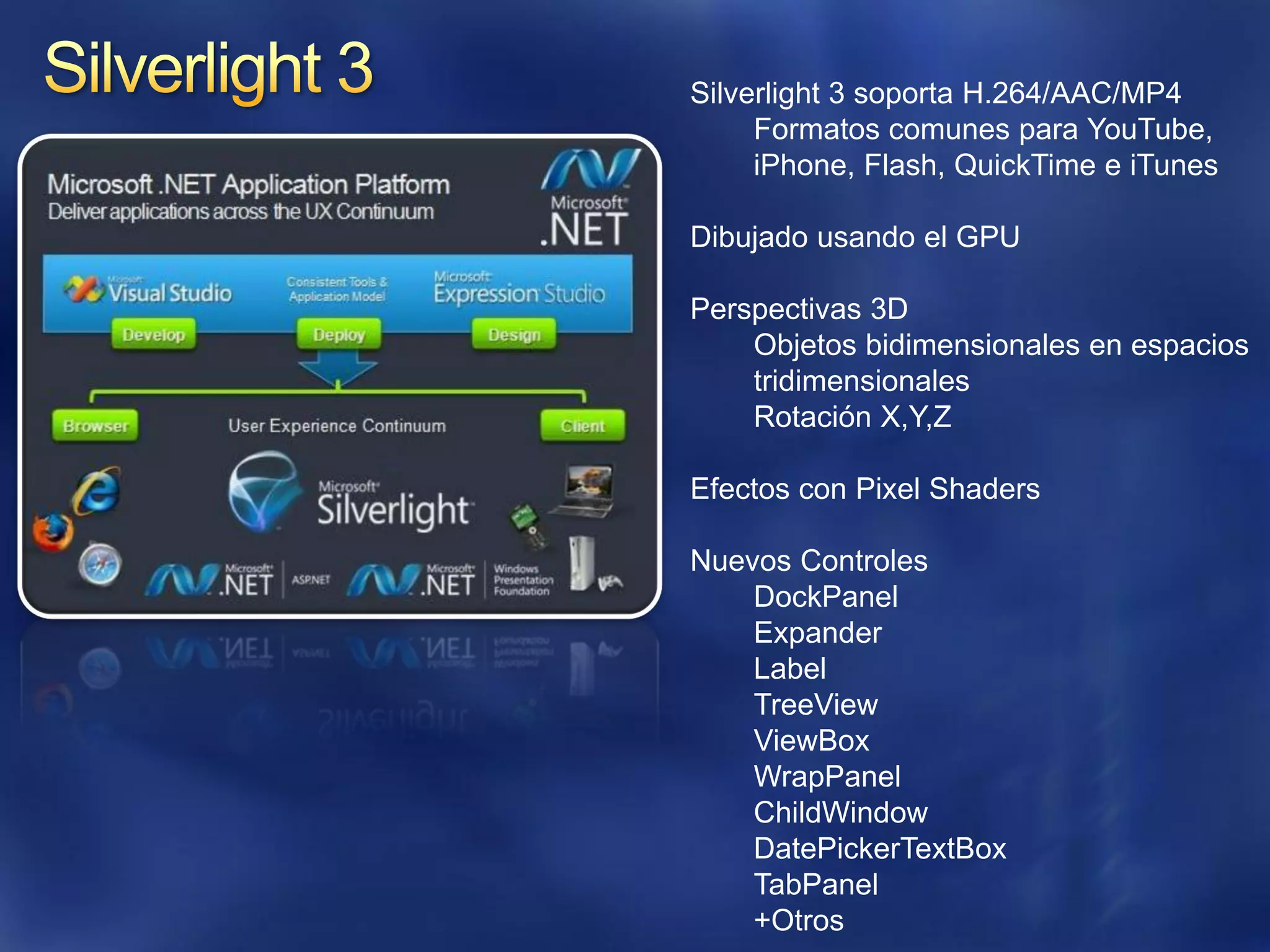 Silverlight 3 soporta H.264/AAC/MP4
     Formatos comunes para YouTube,
     iPhone, Flash, QuickTime e iTunes

Dibujado usando el GPU

Perspectivas 3D
    Objetos bidimensionales en espacios
    tridimensionales
    Rotación X,Y,Z

Efectos con Pixel Shaders

Nuevos Controles
    DockPanel
    Expander
    Label
    TreeView
    ViewBox
    WrapPanel
    ChildWindow
    DatePickerTextBox
    TabPanel
    +Otros
 