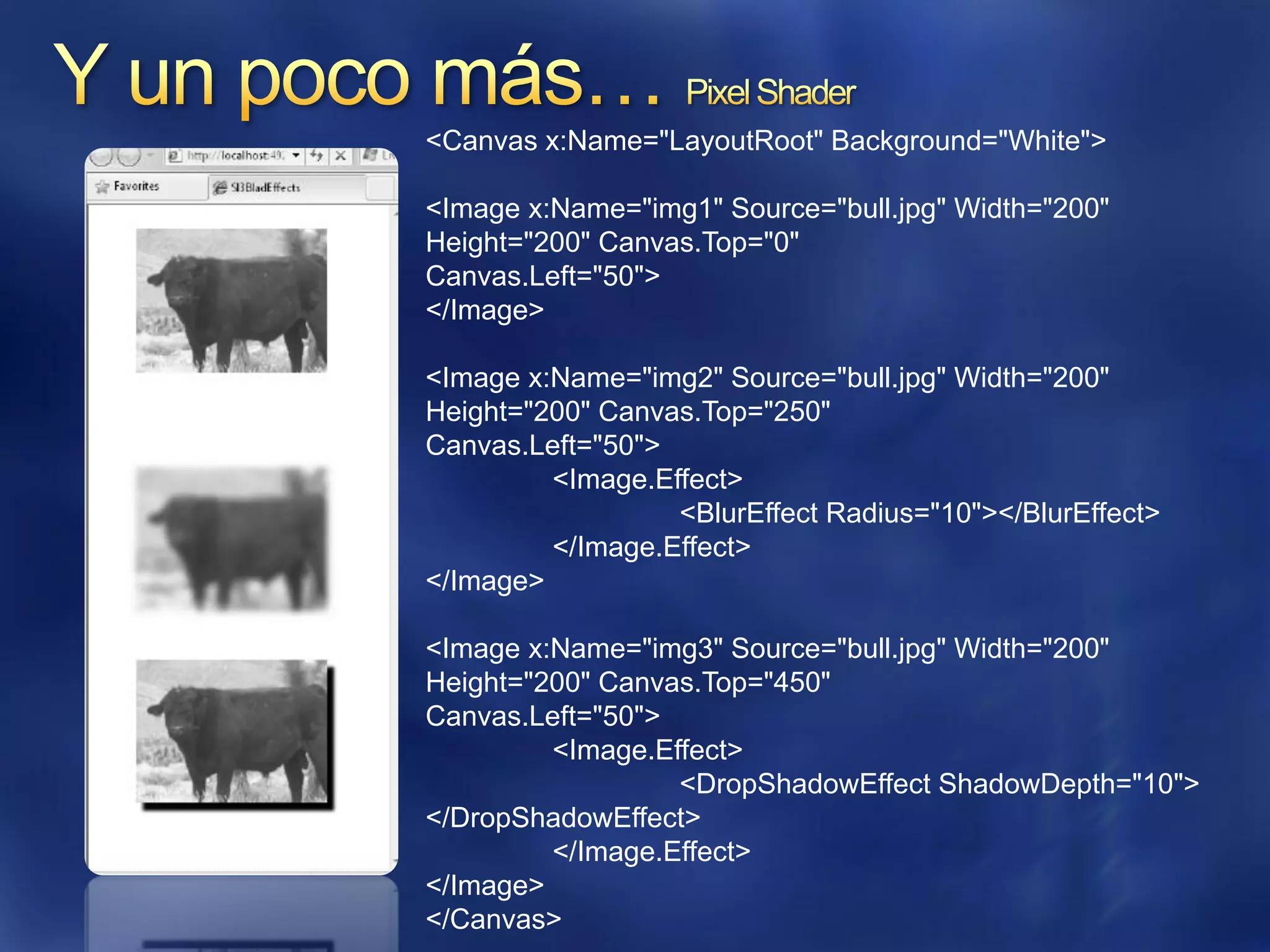<Canvas x:Name="LayoutRoot" Background="White">

<Image x:Name="img1" Source="bull.jpg" Width="200"
Height="200" Canvas.Top="0"
Canvas.Left="50">
</Image>

<Image x:Name="img2" Source="bull.jpg" Width="200"
Height="200" Canvas.Top="250"
Canvas.Left="50">
         <Image.Effect>
                  <BlurEffect Radius="10"></BlurEffect>
         </Image.Effect>
</Image>

<Image x:Name="img3" Source="bull.jpg" Width="200"
Height="200" Canvas.Top="450"
Canvas.Left="50">
         <Image.Effect>
                  <DropShadowEffect ShadowDepth="10">
</DropShadowEffect>
         </Image.Effect>
</Image>
</Canvas>
 