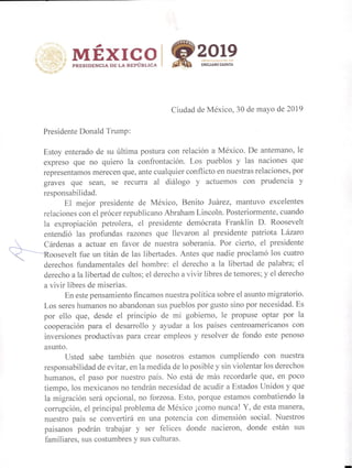 Carta del Presidente de México Andrés Manuel López Obrador a Donald Trump