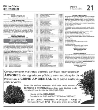 Diário Oficial
 GUARUJÁ
                                                                                                                                                sábado
                                                                                                                                                30 de junho de 2012
                                                                                                                                                                                     21
para o próximo bimestre.                                             414621   CLAUDICE CONCEICAO SANTANA DE MELO       13.885.463-4
                 Guarujá, 27 de junho de 2012.                       414631   DALINE MELO CARDOZO                      43.887.483-3                    EDITAL Nº. 018/2012 - CMDCA
                 Cibeli Souza do Nascimento                          414641   DANIELLE DIAS DE OLIVEIRA                47.269.067-X   A presidente da Comissão Eleitoral do Processo de Eleição
          Diretor de Unidade de Ensino - Pront.: 8335                414661   DENISE GONCALVES                         44.400.754-4   das Entidades da Sociedade Civil para o Mandato do Cole-
                                                                     414681   EDILENE VIEIRA DE SOUZA                  38.930.080-9   giado do CMDCA - Biênio 2012/2014, no uso de suas atribui-
                   EDITAL DE CONVOCAÇÃO                              414691   EDNALVA DOS SANTOS SOUZA                 33.495.650-X
                                                                                                                                      ções legais, estabelecidas na Lei Municipal nº 3.382, de 07 de
                                                                     414701   EDNALVA VEIGA ANDRADE                    18.995.690-2
A Associação de Pais e Mestres da E M “Dr. Gladston Jafet”, serve-                                                                    junho de 2006 e em cumprimento as Resoluções Normativas nº
                                                                     414721   ELIANE GONCALVES SILVA                   36.159.794-0
se do presente edital para convocar Pais, Professores, Alunos        414741   ELIS MARINA FERREIRA SANTOS              34.509.775-0   012/2012 de 15 de junho de 2012 e nº 013/2012 de 26 de junho
Maiores e Funcionários para a Assembleia Geral a ser realizada       414771   EMANUELA MEDEIROS DA SILVA                  2994131     de 2012, faz saber o que se segue:
aos quatro dias do mês de julho de dois mil e doze, às dez horas     414791   EURIDES SANTANA SANTOS                   44.993.152-3   Entidades Deferidas:
em primeira chamada, e às dez horas e trinta minutos em segun-       414801   FABIOLA FRANCISCO DOS SANTOS             41.436.543-4   1. Associação de Pais e Amigos dos Autistas de Guarujá - APAAG
da chamada, em uma das dependências desta Unidade Escolar,           414821   FAUSTA SANTOS DA SILVA                    21.784.412
                                                                                                                                      2. Associação de Pais e Amigos dos Excepcionais de Guarujá –
situada à Rua João Luiz da Silva nº 03 – Vila Lígia, Guarujá/SP      414841   GENILDA MARCELINO SILVA LARANJEIRA       19.294.055-7
para tratar da seguinte ordem do dia: Deliberação das verbas         415931   ISABEL SILVA DE SOUSA ALMEIDA            27.926.699-6
                                                                                                                                      APAE
recebidas para o ano vigente e Prestação de Contas: Convênio         414911   JOEL GOMES DOS SANTOS                    12.119.409-7   3. Associação de Amigos de Lar do Menor Assistido – ALMA
Prefeitura, PDE Escola, Mais Educação e Recursos Próprios, refe-     414921   JULIENE LUSTOSA DA CUNHA                 53.056.845-7   4. Centro de Voluntariado de Guarujá – CVG
rente ao primeiro semestre.                                          414931   LEONIDIA FRANCISCA DE JESUS LIMA         21.434.144-6   5. Centro de Formação Profissional Camp - Guarujá
                 Guarujá, 27 de junho de 2012.                       415961   LUCIANA FERREIRA LOSCHECK DE SOUZA       24.402.291-4   6. Centro de Capacitação para Vida – Projeto Neemias
                                                                     414941   MARCELA DA SILVA SOUZA                   32.377.576-7   7. Centro de Recuperação de Paralisia Infantil e Cerebral do Gua-
                 Cibeli Souza do Nascimento
                                                                     414951   MARCOS VINICIUS DA SILVA                 48.585.091-6
          Diretor de Unidade de Ensino - Pront.: 8335                                                                                 rujá – CRPI
                                                                     414971   MARIA APARECIDA MARTINS                   3.327.654-7
                                                                     414981   MARIA CONCEICAO ALVES                     16.837.452    8. Projeto Ondas
              desenvolvimento                                        414991   MARIA DE LOURDES PEREIRA                 23.596.500-5   9. Instituto Joana D´arc
             social e cidadania                                      415001   MARIA DO CARMO ROCHA DE OLIVEIRA         30.006.576-0   10. Projeto Atelier e Galeria Meninos da Enseada
                                                                     415011   MARIA JOSE VASCO DA SILVA                20.684.906-0   11. Palavra de Vida
           PROGRAMA DE AUXÍLIO DESEMPREGO                            415021   MARTHA VALERIA DA SILVA                  19.293.942-7   Entidades Indeferidas:
A Secretaria Municipal de Desenvolvimento Social e Cidadania,        415031   MAURICIO REIS                            16.250.658-2
                                                                                                                                      1. Associação Pais e Mestres Prof. Walter Scheppis
no uso de suas atribuições legais e em acatamento aos princípios     415041   MAYARA DA SILVA SANTOS                   48.285.068-1
                                                                                                                                                          Registre-se e publique-se.
que regem a administração pública vem, através do presente,          415911   MILENE CRISTINA DE ANDRADE LAPA          33.254.523-4
                                                                     415161   MIRALVA CORREIA CHAGAS                   47.520.187-5                     Guarujá, 29 de junho de 2012.
tornar pública a relação dos beneficiados com o Programa de
                                                                     415051   MONIQUE SILVA DE SOUZA                   48.167.057-9                       Maria Fernanda da Silva
Auxílio Desemprego, cujos contratos venceram, e que terão
seus contratos RENOVADOS por mais 1 (um) ano, a partir de            415061   NANCI JANETE S DE A LAURENCIO DE SOUZA   18.271.559-0                               Presidente
                                                                     415071   PALOMA APARECIDA SANTOS                  27.993.107-4
JUNHO/2012 conforme previsto em lei específica.                      415081   PATRICIA MUNIZ DE MELO                   22.838.620-2
 CONTRATO                       NOME                       RG
                                                                                                                                                        EDITAL DE CONVOCAÇÃO
                                                                     415091   PRISCILA DE CASTRO NASCIMENTO            43.552.607-8
   415171   ADAO JOSE DE SANTANA                      18.502.655-2   415211   RAIMUNDO ESTEVES DOS SANTOS              22.463.216-4
                                                                                                                                      O Conselho Municipal de Segurança Alimentar e Nutricional
   415941   ADRIANA DA SILVA FERNANDES                24.326.542-6   415101   RITA DE CASSIA DO CARMO MARTINS          24.822.139-5   (COMSEA), vem por meio deste, CONVOCAR os representantes
   414541   ALINE MELO DOS SANTOS                     46.809.979-7   415151   ROSANGELA CARDEAL DE OLIVEIRA            20.059.198-8   governamentais e da sociedade civil integrados na Lei n° 3294
  414551    ALINE SILVA SANTOS PEREIRA                46.437.772-9   415111   ROSANGELA DIAS BARBOSA                   17.753.978-1   de 10 de janeiro de 2006, para composição e eleição de seus
  414561    ANAIDE RODRIGUES DE LIMA                  28.209.275-4   415991   ROSIMEIRE DOS SANTOS                     27.495.149-6   representantes e da diretoria, em Assembléia Extraordinária, no
  414571    ANDREA GOUVEIA TEIXEIRA FABBRIS           26.365.244-0   415131   SHIRLEY SANT ANA DOS SANTOS              28.867.422-4   dia 02 de julho de 2012, às 9 horas na Casa dos Conselhos, Rua
  414581    ANDRESSA FURTADO PORTELA                  44.101.490-2   414781   STEFANI FERNANDA MARTINS                 48.573.587-8
  414591    ANDRESSA TAVARES DOS SANTOS               46.013.759-1                                                                    Montenegro - Nº 455 - Centro/Guarujá.
                                                                     416001   VALERIA FERREIRA DE SOUZA                28.867.300-1
  415951    ANTONIA LUCIA SILVA DA SILVA              17.302.666-7   415201   VANEI DA SILVA VIEIRA                    26.755.210-5
                                                                                                                                                       Guarujá, 28 de junho de 2012.
  414601    APARECIDA PAULA DE CARVALHO               36.933.832-7   415141   WAGNER DA PAIXAO SANTANA DE OLIVEIRA     20.587.738-2                       Adriana de Morais Silva
  415981    BEATRIZ DE OLIVEIRA TRINDADE              32.916.343-7   414101   WANDERLEIA ROSA DO NASCIMENTO SILVA      29.865.035-6                              Presidente
 