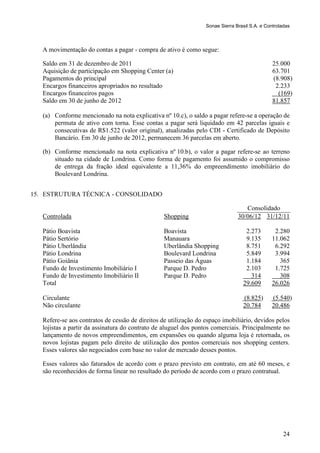 Sonae Sierra Brasil S.A. e Controladas



   A movimentação do contas a pagar - compra de ativo é como segue:

   Saldo em 31 de dezembro de 2011                                                              25.000
   Aquisição de participação em Shopping Center (a)                                             63.701
   Pagamentos do principal                                                                      (8.908)
   Encargos financeiros apropriados no resultado                                                 2.233
   Encargos financeiros pagos                                                                     (169)
   Saldo em 30 de junho de 2012                                                                 81.857

   (a) Conforme mencionado na nota explicativa nº 10.c), o saldo a pagar refere-se a operação de
       permuta de ativo com torna. Esse contas a pagar será liquidado em 42 parcelas iguais e
       consecutivas de R$1.522 (valor original), atualizadas pelo CDI - Certificado de Depósito
       Bancário. Em 30 de junho de 2012, permanecem 36 parcelas em aberto.

   (b) Conforme mencionado na nota explicativa nº 10.b), o valor a pagar refere-se ao terreno
       situado na cidade de Londrina. Como forma de pagamento foi assumido o compromisso
       de entrega da fração ideal equivalente a 11,36% do empreendimento imobiliário do
       Boulevard Londrina.


15. ESTRUTURA TÉCNICA - CONSOLIDADO

                                                                                   Consolidado
   Controlada                                     Shopping                      30/06/12 31/12/11

   Pátio Boavista                                 Boavista                         2.273        2.280
   Pátio Sertório                                 Manauara                         9.135       11.062
   Pátio Uberlândia                               Uberlândia Shopping              8.751        6.292
   Pátio Londrina                                 Boulevard Londrina               5.849        3.994
   Pátio Goiânia                                  Passeio das Águas                1.184          365
   Fundo de Investimento Imobiliário I            Parque D. Pedro                  2.103        1.725
   Fundo de Investimento Imobiliário II           Parque D. Pedro                    314          308
   Total                                                                          29.609       26.026

   Circulante                                                                     (8.825)      (5.540)
   Não circulante                                                                 20.784       20.486

   Refere-se aos contratos de cessão de direitos de utilização do espaço imobiliário, devidos pelos
   lojistas a partir da assinatura do contrato de aluguel dos pontos comerciais. Principalmente no
   lançamento de novos empreendimentos, em expansões ou quando alguma loja é retornada, os
   novos lojistas pagam pelo direito de utilização dos pontos comerciais nos shopping centers.
   Esses valores são negociados com base no valor de mercado desses pontos.

   Esses valores são faturados de acordo com o prazo previsto em contrato, em até 60 meses, e
   são reconhecidos de forma linear no resultado do período de acordo com o prazo contratual.




                                                                                                     24
 
