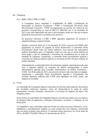 Sonae Sierra Brasil S.A. e Controladas



(b) Tributárias

    (b.1) IRRF, CIDE, CPMF e CADE

             A Companhia busca suspender a exigibilidade de IRRF, Contribuição de
             Intervenção no Domínio Econômico - CIDE e Contribuição Provisória sobre
             Movimentação Financeira - CPMF em pagamentos ao exterior. Os valores de tais
             processos correspondem ao total de R$3.131 (R$3.045 em 31 de dezembro de
             2011), que estão depositados em juízo e provisionados, tendo em vista que a chance
             de perda de tais processos é avaliada como provável.

             Os processos referentes a CIDE e IRRF aguardam julgamento em primeira e
             segunda instâncias, respectivamente.

             Durante o exercício findo em 31 de dezembro de 2010, o processo da CPMF sobre
             pagamentos ao exterior foi julgado de forma desfavorável à controlada Sierra
             Investimentos Brasil Ltda. em caráter definitivo. Essa decisão não representará
             nenhum desembolso para a Companhia, tendo em vista que as custas judiciais já
             foram pagas e não há condenação a honorários de sucumbência por se tratar de
             mandado de segurança. Atualmente, a controlada Sierra Investimentos aguarda a
             conversão em renda do depósito judicial, no montante de R$1.198 para extinção do
             crédito tributário.

             Adicionalmente, a controlada Sierra Investimentos mantém registrada provisão para
             risco e depósito judicial no montante de R$410 correspondente à multa
             administrativa aplicada pelo Conselho Administrativo de Defesa Econômica -
             CADE. Em 30 de junho de 2012, esse processo já havia sido transitado em julgado.
             Atualmente, a controlada Sierra Investimentos aguarda o levantamento dos
             referidos depósitos judiciais pelo CADE para liquidação da multa citada, sem
             impacto no resultado.

(c) Cíveis

    As controladas da Companhia figuram como parte em diversas ações judiciais, decorrentes
    das atividades comerciais regulares, como rés, destacando-se as ações de cunho
    indenizatório, rescisão contratual, renovatórias e revisionais de aluguéis das lojas e dos
    shopping centers.

    Como autora, as controladas da Companhia figuram em ações que tratam, em sua maioria,
    de despejos (falta de pagamento e infrações contratuais), execuções e cobranças, de um
    modo geral.

    A Companhia e suas controladas estão envolvidas em outros processos tributários, cíveis,
    trabalhistas e previdenciários surgidos no curso normal dos seus negócios, envolvendo
    risco de perda avaliado como possível. O montante desses processos, em 30 de junho de
    2012, é de R$27.750 (R$27.946 em 31 de dezembro de 2011).




                                                                                                  26
 