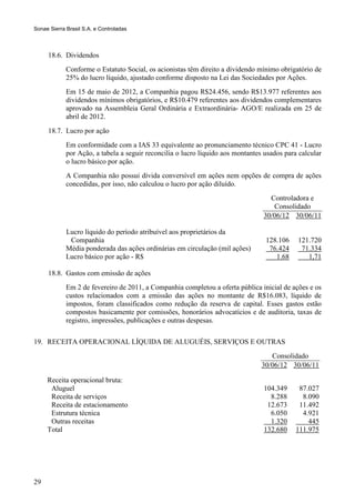 Sonae Sierra Brasil S.A. e Controladas



     18.6. Dividendos
             Conforme o Estatuto Social, os acionistas têm direito a dividendo mínimo obrigatório de
             25% do lucro líquido, ajustado conforme disposto na Lei das Sociedades por Ações.
             Em 15 de maio de 2012, a Companhia pagou R$24.456, sendo R$13.977 referentes aos
             dividendos mínimos obrigatórios, e R$10.479 referentes aos dividendos complementares
             aprovado na Assembleia Geral Ordinária e Extraordinária- AGO/E realizada em 25 de
             abril de 2012.
     18.7. Lucro por ação
             Em conformidade com a IAS 33 equivalente ao pronunciamento técnico CPC 41 - Lucro
             por Ação, a tabela a seguir reconcilia o lucro líquido aos montantes usados para calcular
             o lucro básico por ação.
             A Companhia não possui dívida conversível em ações nem opções de compra de ações
             concedidas, por isso, não calculou o lucro por ação diluído.
                                                                                   Controladora e
                                                                                    Consolidado
                                                                                 30/06/12 30/06/11

             Lucro líquido do período atribuível aos proprietários da
              Companhia                                                           128.106    121.720
             Média ponderada das ações ordinárias em circulação (mil ações)        76.424     71.334
             Lucro básico por ação - R$                                              1.68       1,71

     18.8. Gastos com emissão de ações
             Em 2 de fevereiro de 2011, a Companhia completou a oferta pública inicial de ações e os
             custos relacionados com a emissão das ações no montante de R$16.083, líquido de
             impostos, foram classificados como redução da reserva de capital. Esses gastos estão
             compostos basicamente por comissões, honorários advocatícios e de auditoria, taxas de
             registro, impressões, publicações e outras despesas.

19. RECEITA OPERACIONAL LÍQUIDA DE ALUGUÉIS, SERVIÇOS E OUTRAS
                                                                                    Consolidado
                                                                                 30/06/12 30/06/11

     Receita operacional bruta:
      Aluguel                                                                    104.349      87.027
      Receita de serviços                                                          8.288       8.090
      Receita de estacionamento                                                   12.673      11.492
      Estrutura técnica                                                            6.050       4.921
      Outras receitas                                                              1.320         445
     Total                                                                       132.680     111.975




29
 