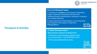 Υπουργείο Ανάπτυξης
Κοινωνικό Κλιµατικό Ταµείο:
1. Ενεργειακή αναβάθµιση πολύ µικρών επιχειρήσεων
(κτίρια, ενεργειακός εξοπλισµός) και απόκτηση
(µίσθωση/αγορά) επαγγελµατικών ηλεκτρικών οχηµάτων
και υποδοµές φόρτισης
2. Χρήση Εµπορικών Επιµελητηρίων ως one stop shop
για ενηµέρωση πολύ µικρών επιχειρήσεων
(Μεταρρύθµιση)
2. Ταµείο Εκσυγχρονισµού:
Εξοικονόµηση ενέργειας στη βιοµηχανία:
- Επενδύσεις εκσυγχρονισµού της βιοµηχανίας
και της µεταποίησης – έργα STEP SEAL award
- Εξηλεκτρισµός βαριάς βιοµηχανίας
14
 