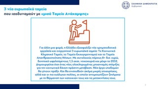 Για άλλη µια φορά, η Ελλάδα εξασφαλίζει νέα χρηµατοδοτικά
εργαλεία και ενεργοποιεί 3 ευρωπαϊκά ταµεία: Το Κοινωνικό
Κλιµατικό Ταµείο, το Ταµείο Εκσυγχρονισµού και το Ταµείο
Απανθρακοποίησης Νήσων. Με συνολικούς πόρους 8+ δισ. ευρώ,
δυνητικά ωφελούµενους 1,5 εκατ. νοικοκυριά και µέχρι το 2032.
Δηµιουργείται έτσι ένας νέος ολοκληρωµένος µηχανισµός στήριξης
για την κοινωνικά δίκαιη πράσινη µετάβαση. Νέα έργα υποδοµών
θα γίνουν πράξη. Και θα ενισχυθούν ακόµα µικρές επιχειρήσεις,
αλλά και οι πιο ευάλωτοι πολίτες, οι οποίοι αντιµετωπίζουν ζητήµατα
µε τη θέρµανση των κατοικιών τους και τις µετακινήσεις τους.
3 νέα ευρωπαϊκά ταµεία
που ισοδυναµούν µε «µισό Ταµείο Ανάκαµψης»
2
 