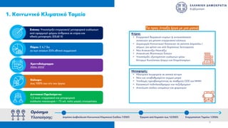 1. Κοινωνικό Κλιµατικό Ταµείο
4. Κατάργηση µείωσης
συντάξεων 30% όσων
συνταξιούχων εργάζονται
και αντικατάστασή της µε
εισφορά 10% επί των
επιπρόσθετων
αµοιβών από
την εργασία
Στόχος: Υποστήριξη ενεργειακά/ µεταφορικά ευάλωτων
από εφαρµογή φόρου άνθρακα σε κτίρια και
οδικές µεταφορές (ΣΕΔΕ ΙΙ)
Πόροι: € 4,7 δις
εκ των οποίων 25% εθνική συµµετοχή
Χρονοδιάγραµµα:
2026-2032
Κάλυψη:
έως 100% του π/υ του έργου
Δυνητικοί Ωφελούµενοι:
1,5 εκατ. ενεργειακά και µεταφορικά
ευάλωτα νοικοκυριά + 75 χιλ. πολύ µικρές επιχειρήσεις
Ορόσηµα
Υλοποίησης: Δηµόσια Διαβούλευση Κοινωνικού Κλιµατικού Σχεδίου 7/2025 Έγκριση από Κοµισιόν έως 12/2025 Ενεργοποίηση Ταµείου 1/2026
Τα προς ένταξη έργα µε µια µατιά:
Κτίρια:
• Ενεργειακή θωράκιση κτιρίων & αντικατάσταση
συσκευών για µείωση ενεργειακού κόστους
• Δηµιουργία Κοινωνικών Κατοικιών σε ακίνητα Δηµοσίου /
Δήµων, για χρήση και από δηµόσιους λειτουργούς
• Νέο Ανακαινίζω-Νοικιάζω
• Ανακαίνιση Φοιτητικών Εστιών
• Υποστήριξη, εξυπηρέτηση ευάλωτων µέσω
Κέντρων Κοινότητας Δήµων και Επιµελητηρίων
Μεταφορές:
• Ηλεκτρικά λεωφορεία σε αστικά κέντρα
• Νέοι και αναβαθµισµένοι συρµοί µετρό
• Υποδοµές προσβασιµότητας σε σταθµούς ΟΣΕ και ΜΜΜ
• Κατασκευή ποδηλατόδροµων και πεζοδροµίων
• Ανανέωση στόλου οχηµάτων και φορτηγών
6
 