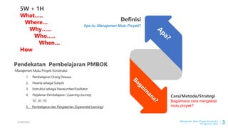 Pendekatan Pembelajaran PMBOK
Definisi
Apa itu Manajemen Mutu Proyek?
Cara/Metode/Strategi
Bagaimana cara mengelola
mutu proyek?
5W + 1H
What…..
Where…
Why…...
Who…..
When…
How
Manajemen Mutu Proyek Konstruksi
3
1. Pembelajaran Orang Dewasa
2. Peserta sebagai Subyek
3. Instruktur sebagai Narasumber/Fasilitator
4. Perjalanan Pembelajaran (Learning Journey)
10 : 20 : 70
5, Pembelajaran dari Pengalaman (Experential Learning)
Manajemen Mutu Proyek Konstruksi
30 Agustus 2022
2/24/2023
 
