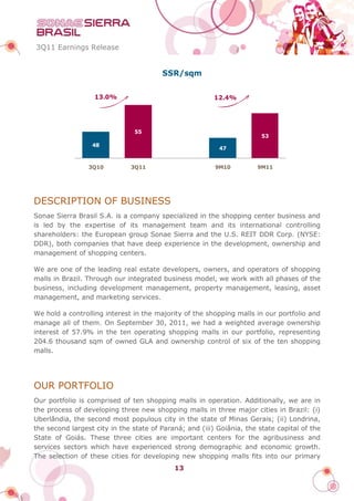 3Q11 Earnings Release


                                        SSR/sqm

                   13.0%                                 12.4%




                               55
                                                                        53
                  48
                                                          47


                 3Q10         3Q11                       9M10         9M11




DESCRIPTION OF BUSINESS
Sonae Sierra Brasil S.A. is a company specialized in the shopping center business and
is led by the expertise of its management team and its international controlling
shareholders: the European group Sonae Sierra and the U.S. REIT DDR Corp. (NYSE:
DDR), both companies that have deep experience in the development, ownership and
management of shopping centers.

We are one of the leading real estate developers, owners, and operators of shopping
malls in Brazil. Through our integrated business model, we work with all phases of the
business, including development management, property management, leasing, asset
management, and marketing services.

We hold a controlling interest in the majority of the shopping malls in our portfolio and
manage all of them. On September 30, 2011, we had a weighted average ownership
interest of 57.9% in the ten operating shopping malls in our portfolio, representing
204.6 thousand sqm of owned GLA and ownership control of six of the ten shopping
malls.




OUR PORTFOLIO
Our portfolio is comprised of ten shopping malls in operation. Additionally, we are in
the process of developing three new shopping malls in three major cities in Brazil: (i)
Uberlândia, the second most populous city in the state of Minas Gerais; (ii) Londrina,
the second largest city in the state of Paraná; and (iii) Goiânia, the state capital of the
State of Goiás. These three cities are important centers for the agribusiness and
services sectors which have experienced strong demographic and economic growth.
The selection of these cities for developing new shopping malls fits into our primary
                                            13
 