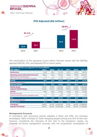 3Q11 Earnings Release



                                      FFO Adjusted (R$ million)

                                                                           38.8%


                       81.1%


                                                                                          122.0
                                                                        87.9

                                      43.2
                  23.9

                  3Q10                3Q11                              9M10              9M11




The reconciliation of the operating income before financial results with the EBITDA,
adjusted EBITDA, FFO, and Adjusted FFO is shown below:

 Adjusted EBITDA and Adjusted FFO Reconciliation
 (R$ million)                         3Q11       3Q10                 Var. %    9M11        9M10         Var. %
 Net Revenue                                    54.8         45.2      21.2%     157.7       132.9        18.7%

 Operating income before financial result      109.4         61.0      79.3%     332.4       165.0       101.4%
Depreciation and amortization                    0.3          0.4       -1.9%       1.1           0.9      24.9%
Gain in fair value of investment properties    (69.2)       (28.4)     143.2%   (214.2)      (68.3)       213.4%
 EBITDA                                         40.6         33.0      23.2%     119.3        97.6        22.3%
Non-recurring expenses                           0.5          0.5           -       0.5           2.5          -
 Adjusted EBITDA                                41.1         33.5      22.9%     119.8       100.1        19.7%

 EBITDA Margin                                 74.2%    73.0%        +123 bps   75.7%       73.4%       +223 bps
 Adjusted EBITDA Margin                        75.1%    74.1%        +103 bps   76.0%       75.3%        +65 bps

 EBITDA                                         40.6         33.0      23.2%     119.3        97.6        22.3%
Net financial result                             7.3         (7.0)        N/A     15.0        (4.7)          N/A
Current income and social contribution taxes    (5.2)        (2.6)      99.6%    (12.8)       (7.5)        71.0%
                                                    -            -
 FFO                                            42.7         23.4      82.9%     121.5        85.4        42.3%
Non-recurring expenses                           0.5          0.5           -       0.5           2.5          -
 Adjusted FFO                                   43.2         23.9      29.4%     122.0        87.9        38.8%

 FFO Margin                                    78.0%    51.7% +2,632 bps        77.1%       64.3% +1,280 bps
 Adjusted FFO Margin                           78.9%    52.8% +2,613 bps        77.4%       66.2% +1,124 bps




Management Accounts
In accordance with accounting policies adopted in Brazil and IFRS, the Company
consolidates 100% of Parque D. Pedro Shopping despite owning only 51% of this mall.
However, considering the relevance of this mall to the Company’s results, we
prepared pro-forma management accounts with the proportional consolidation of

                                                        8
 