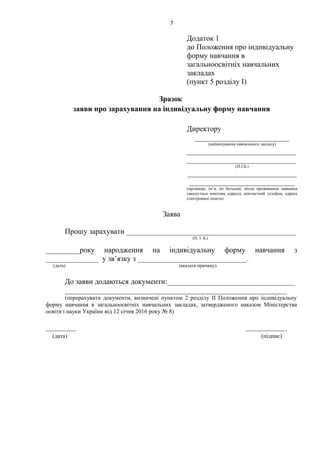7
Додаток 1
до Положення про індивідуальну
форму навчання в
загальноосвітніх навчальних
закладах
(пункт 5 розділу І)
Зразок
заяви про зарахування на індивідуальну форму навчання
Директору
_________________________
(найменування навчального закладу)
_____________________________
_____________________________
(П.І.Б.)
_____________________________
____________________________
(прізвище, ім’я, по батькові, місце проживання заявника
(вказується поштова адреса), контактний телефон, адреса
електронної пошти)
Заява
Прошу зарахувати _____________________________________________
(П. І. Б.)
_________року народження на індивідуальну форму навчання з
______________ у зв’язку з _____________________________.
(дата) (вказати причину).
До заяви додаються документи:__________________________________
___________________________________________________________
(перерахувати документи, визначені пунктом 2 розділу ІІ Положення про індивідуальну
форму навчання в загальноосвітніх навчальних закладах, затвердженого наказом Міністерства
освіти і науки України від 12 січня 2016 року № 8)
________ ___________
(дата) (підпис)
 