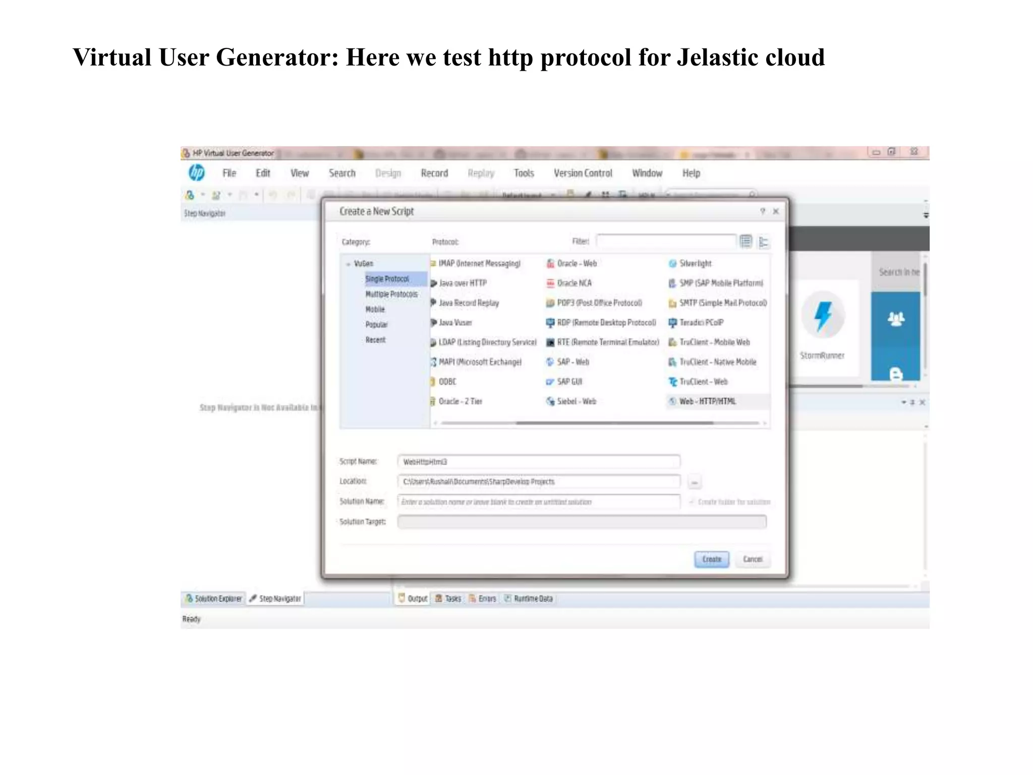 Virtual User Generator: Here we test http protocol for Jelastic cloud
 