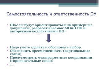 Самостоятельность и ответственность ОУ
• Школы будут ориентироваться на примерные
документы, разрабатываемые МОиН РФ и
авторскими коллективами НО:
• Надо уметь сделать и обосновать выбор
• Обеспечить преемственность (вертикальные
связи)
• Предусмотреть межпредметные координации
(горизонтальные связи)
• …
 