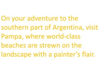 On your adventure to the
southern part of Argentina, visit
Pampa, where world-class
beaches are strewn on the
landscape with a painter’s flair.
 