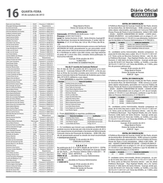 16

Diário Oficial
GUARUJÁ

quarta-feira

30 de outubro de 2013

Elaine da Costa Oliveira
Elisangela Rodrigues Nascimento
Eurizete de Arruda
Fernanda Marinho Daniel
Filomena Monteiro Fernandez
Frederico Antonio Gracia
Geraldo Pereira da Silva
Ingrid Gamito Rodini
Ingrid Gamito Rodini
Isabelle Lima Senni
Joao Edson dos Santos
Joel de Souza Santos
Joel de Souza Santos
Jorge Almeida de Carvalho
Jorge Luiz de Souza
Jorge Luiz de Souza
Jose Xavier Batista
Josimar Balbino de Oliveira
Julia Mariano de Faria
Juliana Ferreira de Freitas
Julio Cesar Gonçalves
Katia Borges Varjao
Katia Borges Varjao
Katia de Oliveira Silva
Luciana da Costa Pinto
Luciana da Costa Pinto
Luciana de Jesus Costa
Luciane Andrade de Matos
Luciane Pirani Arcon
Magno Silva de Moura
Manasses Lopes de Souza
Manoel Antonio Tomaz
Manoel Pereira Soares Neto
Marcia Borges de Souza
Marcia Cristina de Oliveira
Marcia Maria Pereira
Marcio Rodrigues Chaves
Maria Aparecida Burato
Maria Aparecida Burato
Maria da Conceição Rodrigues
Maria de Fatima Medina
Maria Norma Lima dos Santos
Maria Norma Lima dos Santos
Maria Teresa da Conceição Silva
Maria Valeria Maneira
Maria Zozima Miguel
Marinalva Francisco da Silva
Marisa Cristina Fescira
Michelle Rezende de Oliveira
Moises Barsoti
Monica Simone Sanches
Nanci Baptista
Nelcilene Batista Machado
Neusa Maria Pacheco
Ozana de Paula Carvalho Silva
Patricia Azevedo Portugal
Patricia Rodrigues
Paulo Rodrigues Novaes
Regina Helena Matarazo
Reinaldo de Quadros
Robson Barreto
Robson Barreto
Ronaldo da Silva Guimarães
Rosana de Azevedo Garrido
Rosana Mari B. A. de Oliveira
Rosimeire Gama
Rosimeri Costa Guerra
Rosiney Contato Medeiros
Rubens Fabris
Silvio Rufino da Silva
Solange Alvarez Anel
Soraya Gonçalves Rodrigues
Suzana de Medeiros Cruz
Tania Mara Ascoli
Teresa Cristina Pelissari
Thelma Sagres Domingues
Valeria Cristina de Freitas
Valeria Maria Rodrigues
Verneli de Souza Silva
Waldilene Simões Lopes

18.037
12.234
18.849
18.973
20.360
6.705
11.285
18.604
18.604
19.644
15.890
17.357
17.357
18.232
11.207
11.207
17.873
16.241
9.573
14.547
14.737
18.680
18.680
8.292
14.946
14.946
19.711
13.207
13.069
14.970
19.485
1.767
10.331
14.806
13.225
18.012
11.725
17.386
17.386
17.158
6.088
6.583
6.583
4.384
16.144
1.625
9.953
20.303
9.484
6.261
18.261
18.768
Nomeação
5.199
10.564
17.836
13.011
5.728
16.269
9.807
18.579
18.579
10.253
16.236
10.870
14.186
10.577
18.683
5.796
16.784
18.244
15.922
12.836
9.503
3.864
11.088
13.090
6.646
13.518
12.094

Processo nº 31686/2013
Requerimento
Processo nº 23254/2013
Processo nº 32436/2013
Processo nº 30953/2013
Processo nº 31737/2013
Portaria nº 2982/2013
Portaria nº 2961/2013
Portaria nº 2965/2013
Processo nº 31749/2013
Processo nº 30790/2013
Portaria nº 2977/2013
Portaria nº 2981/2013
Processo nº 30441/2013
Portaria nº 2983/2013
Portaria nº 2985/2013
Processo nº 32428/2013
Processo nº 32735/2013
Requerimento
Processo nº 31433/2013
Processo nº 13755/2013
Portaria nº 2963/2013
Portaria nº 2959/2013
Processo nº 31850/2013
Processo nº 32251/2013
Processo nº 31748/2013
Processo nº 31627/2013
Processo nº 31444/2013
Processo nº 31854/2013
Portaria nº 2946/2013
Processo nº 31687/2013
Processo nº 19459/2012
Processo nº 31848/2013
Processo nº 24897/2013
Processo nº 31846/2013
Processo nº 31426/2013
Processo nº 14928/2012
Portaria nº 2978/2013
Portaria nº 2980/2013
Processo nº 31752/2013
Processo nº 31913/2013
Processo nº 32245/2013
Processo nº 31849/2013
Processo nº 00849/2013
Processo nº 31434/2013
Requerimento
Processo nº 23418/2013
Processo nº 30087/2013
Processo nº 32417/2013
Requerimento
Processo nº 32431/2013
Portaria nº 2962/2013
Portaria nº 2987/2013
Processo nº 25975/2013
Processo nº 28824/2013
Processo nº 31747/2013
Processo nº 32246/2013
Processo nº 29530/2013
Processo nº 31626/2013
Processo nº 09113/1998
Portaria nº 2976/2013
Portaria nº 2979/2013
Processo nº 21839/2013
Processo nº 32248/2013
Processo nº 07305/2013
Processo nº 07772/2013
Processo nº 31629/2013
Portaria nº 2964/2013
Requerimento
Processo nº 24414/2013
Processo nº 33003/2013
Processo nº 31739/2013
Processo nº 31437/2013
Requerimento
Processo nº 32254/2013
Processo nº 29393/2013
Processo nº 32250/2013
Processo nº 28780/2013
Processo nº 33046/2013
Processo nº 12067/2011

Diego Bezerra Pereira
Diretor de Gestão de Pessoas
NOTIFICAÇÃO
Interessado: JEFFERSON DA SILVA, pront. 11.831
Processo: 33.597/145773/2013
Local: Av. Santos Dumont, nº 640 – Santo Antonio, Guarujá/SP.
Paço Municipal, Secretaria de Administração, 2º andar, Sala 54.
Horários: 2ª, 3ª, 5ª e 6ª feira, das 12h às 16h; 4ª feira, das 9h às
13h.
A Secretaria Municipal de Administração convoca o(a) Senhor(a)
JEFFERSON DA SILVA, pessoalmente ou por procurador constituído, para tomar ciência do processo administrativo em epígrafe, e manifestar-se sobre o que dele consta, caso haja interesse,
no prazo de 5 (cinco) dias úteis, contados desta publicação, no
local acima indicado.
Guarujá, 29 de outubro de 2013.
FLÁVIO POLI
SECRETÁRIO DE ADMINISTRAÇÃO
Ata da 2ª reunião da Comissão Eleitoral
Aos 25 dias do mês de outubro de 2013, reuniram-se os membros da CE – Comissão Eleitoral CIPA 2013/2014 – a fim de analisar as fichas de inscrições enviadas para concorrer as Eleições
para a Comissão Interna de Prevenção de Acidentes para o mandato 2013/2014, deliberou o que segue:
1 – Ficam DEFERIDAS as seguintes candidaturas:
Inscrição
1459
1463
1496
1497
1500
1501
1502
1503
1511
1512
1514
1518
1519
1556
1558

Nome do Candidato
Andréia Gomes de Carvalho
Carlos Eduardo Batista de Oliveira
Oscar Tadeu de Assunção
Cheila Marise Baptista Ramos
Pedro Paulo de Mello e Souza Lima
Admilson Massão
André Luiz Maia Reis
Yugue dos Remedios Dias
Agostinho Ramos Neto
Adilson Ricardo Teixeira
Marcia Aparecida Souza Araújo
Patricia Cristina de Souza
Luiz Paulo Neves Nunes
Sonia Regina de Castro Serafim
José Altamir Aguiar

2 – Ficam INDEFERIDAS as seguintes candidaturas:
Inscrição
1458
1498
1559
1560

Nome do Candidato
Jonathan Dias Chaves
Cheila Marise Baptista Ramos
José Altamir Aguiar
Lucéia Malta das Neves

Justificativa
Artigo 23
Duplicidade de Inscrição
Duplicidade de Inscrição
Artigo 20 § 4º

3 – Os Candidatos que tiveram suas candidaturas INDEFERIDAS
poderão recorrer da decisão até o dia trinta de outubro de 2013,
com requerimento encaminhado a Secretaria de Administração,
Comissão Interna de Prevenção de Acidentes – ADM CIPA, através de apresentação pessoal ou através de email encaminhado
a cipa@guarujá.sp.gov.br.
Guarujá, 25 de outubro de 2013.
COMISSÃO ELEITORAL
E R R AT A
Na publicação do D. O. nº.2874, datado de 26/10/2013 – EDITAL
DE CONVOCAÇÃO – A Prefeitura Municipal de Guarujá, Estado
de São Paulo........em Processo Seletivo Edital nº.003/2011 – SEDUC – PEB III – EDUC. ARTÍSTICA - …..... fls.18:,
ONDE SE LÊ: …....decidido no Processo Administrativo
nº.5928/2013, .
LEIA-SE: …....decidido no Processo Administrativo
nº.6365/2013, .
Guarujá, 29 de outubro de 2013.
Diego Bezerra Pereira
Diretor de Gestão de Pessoas
ADM GP

EDITAL DE CONVOCAÇÃO
A Prefeitura Municipal de Guarujá, Estado de São Paulo, através
da Secretaria Mun. de Administração – ADM, convoca os candidatos abaixo relacionados, aprovados em Concurso Público de
Provas, Provas de Título e Curso Introdutório - Edital nº.001/2009
– SESAU – AGENTE COMUNITÁRIO DE SAÚDE – CANTA GALO CIDADE ATLÂNTICA – em conformidade com os artigos 5º. e 6º.
da Lei Complementar nº.135/2012 e suas alterações, conforme o
que foi decidido no Processo Administrativo nº.31700/2013:
CLASSIF.
6º.
7º.
8º.

Nº.INSCR.
300053
306505
307524

NOME DO CANDIDATO
RAFAEL DOS SANTOS CONCEIÇÃO
MARCIA DA CONCEIÇÃO SILVA MOITINHO
PAULO ANDREOLE VIANA DE SOUZA

Os candidatos acima mencionados, deverão comparecer no
prazo de 03 (três) dias úteis a saber: 30 e 31/10 e 01/11/2013 (4ª.
a 6ª. Feira), junto ao Recursos Humanos (térreo – sala 33), desta Prefeitura Municipal – Paço Raphael Vitiello, sito a Av. Santos
Dumont, nº. 640, bairro de Santo Antonio - Guarujá, sendo que,
no dia 30/10/2013 (4ª. Feira) das 14:00hs., as 16:00hs., e nos dias
30/10 e 01/11/2013 (5ª. e 6ª. Feira) das 09:00hs., as 11:00hs., para
fins de processo admissional.
Guarujá, 29 de outubro de 2013
Diego Bezerra Pereira
Diretor de Gestão de Pessoas
ADM GP - fagm
EDITAL DE CONVOCAÇÃO
A Prefeitura Municipal de Guarujá, Estado de São Paulo, através
da Secretaria Mun. de Administração – ADM, convoca os candidatos abaixo relacionados, aprovados em Concurso Público de
Provas, Provas de Título e Curso Introdutório - Edital nº.001/2009
– SESAU – AGENTE COMUNITÁRIO DE SAÚDE – CIDADE ATLÂNTICA - em conformidade com os artigos 5º. e 6º. da Lei Complementar nº.135/2012 e suas alterações, conforme o que foi decidido no Processo Administrativo nº.31700/2013:
CLASSIF.
16º.
19º.
20º.

Nº.INSCR.
303692
300066
302586

NOME DO CANDIDATO
LEONARDO AURICHIO
RUBEN OLIVA
MONICA PEDROSO PEDROSA

Os candidatos acima mencionados, deverão comparecer no
prazo de 03 (três) dias úteis a saber: 30 e 31/10 e 01/11/2013 (4ª.
a 6ª. Feira), junto ao Recursos Humanos (térreo – sala 33), desta Prefeitura Municipal – Paço Raphael Vitiello, sito a Av. Santos
Dumont, n.640, bairro de Santo Antonio - Guarujá, sendo que,
no dia 30/10/2013 (4ª. Feira) das 14:00hs., as 16:00hs., e nos dias
31/10 e 01/11/2013 (5ª. e 6ª. Feira) das 09:00hs., as 11:00hs., para
fins de processo admissional.
Guarujá, 29 de outubro de 2013
Diego Bezerra Pereira
Diretor de Gestão de Pessoas
ADM GP - fagm
EDITAL DE CONVOCAÇÃO
A Prefeitura Municipal de Guarujá, Estado de São Paulo, através
da Secretaria Mun. de Administração – ADM, convoca o candidato abaixo relacionado, aprovado em Concurso Público de Provas,
Provas de Título e Curso Introdutório - Edital nº.001/2009 – SESAU – AGENTE COMUNITÁRIO DE SAÚDE – CIDADE ATLÂNTICA –
em conformidade com os artigos 5º. e 6º. da Lei Complementar
nº.135/2012 e suas alterações, conforme o que foi decidido no
Processo Administrativo nº.31543/2013:
CLASSIF.
23º.

Nº.INSCR.
306838

NOME DO CANDIDATO
JEANDRE SOUZA DOS SANTOS

O candidato acima mencionado, deverá comparecer no prazo de 03 (três) dias úteis a saber: 30 e 31/10 e 01/11/2013 (4ª. a
6ª. Feira), junto ao Recursos Humanos (térreo – sala 33), desta
Prefeitura Municipal – Paço Raphael Vitiello, sito a Av. Santos
Dumont, nº. 640, bairro de Santo Antonio - Guarujá, sendo que,
no dia 30/10/2013 (4ª. Feira) das 14:00hs., as 16:00hs., e nos dias
30/10 e 01/11/2013 (5ª. e 6ª. Feira) das 09:00hs., as 11:00hs., para
fins de processo admissional.

 
