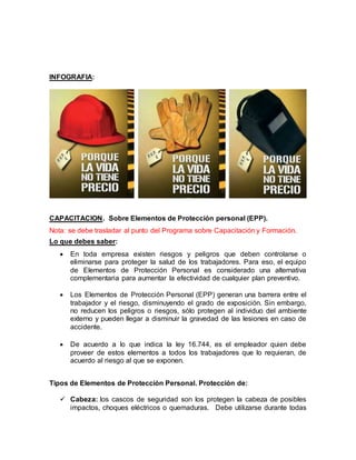 INFOGRAFIA:
CAPACITACION. Sobre Elementos de Protección personal (EPP).
Nota: se debe trasladar al punto del Programa sobre Capacitación y Formación.
Lo que debes saber:
 En toda empresa existen riesgos y peligros que deben controlarse o
eliminarse para proteger la salud de los trabajadores. Para eso, el equipo
de Elementos de Protección Personal es considerado una alternativa
complementaria para aumentar la efectividad de cualquier plan preventivo.
 Los Elementos de Protección Personal (EPP) generan una barrera entre el
trabajador y el riesgo, disminuyendo el grado de exposición. Sin embargo,
no reducen los peligros o riesgos, sólo protegen al individuo del ambiente
externo y pueden llegar a disminuir la gravedad de las lesiones en caso de
accidente.
 De acuerdo a lo que indica la ley 16.744, es el empleador quien debe
proveer de estos elementos a todos los trabajadores que lo requieran, de
acuerdo al riesgo al que se exponen.
Tipos de Elementos de Protección Personal. Protección de:
 Cabeza: los cascos de seguridad son los protegen la cabeza de posibles
impactos, choques eléctricos o quemaduras. Debe utilizarse durante todas
 