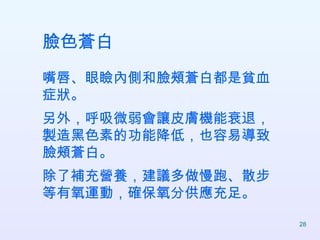 臉色蒼白 嘴唇、眼瞼內側和臉頰蒼白都是貧血症狀。 另外，呼吸微弱會讓皮膚機能衰退，製造黑色素的功能降低，也容易導致臉頰蒼白。 除了補充營養，建議多做慢跑、散步等有氧運動，確保氧分供應充足。  