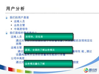 用户分析 我们的用户是谁 运维人员 业务主管 中高层领导 我们面临的需求是什么 运维人员： 通过对各层次的数据的展示和告警设置 , 快速直观的发现和定位 故障 运维主管： 通过对各层次的数据的展示 , 来反应业务的容量和性 能 , 通过 设置阀值来对业务的容量和性能进行告警 公司中高层： 通过对各层次数据的量化 , 来量化业务运行的监控度 发现快、定位准 直观、全面的了解业务情况 业务情况量化了解 