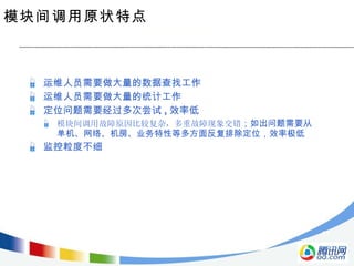 模块间调用原状特点 运维人员需要做大量的数据查找工作 运维人员需要做大量的统计工作 定位问题需要经过多次尝试 , 效率低 模块间调用故障原因比较复杂，多重故障现象交错 ；如出问题需要从单机、网络、机房、业务特性等多方面反复排除定位，效率极低 监控粒度不细 