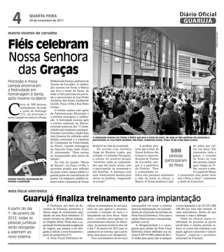 4              qUARtA-feiRA
                   30 de novembro de 2011
                                                                                                                                                             Diário Oficial
                                                                                                                                                              GUARUJÁ
matriz vicente de carvalho




                                                                                                                                                                                             Fotos Marcos Miguel
Fiéis celebram
Nossa Senhora
  das Graças
Procissão e missa                        Senhora das Graças, padroeira de
                                         Vicente de Carvalho. A celebra-
campal encerraram                        ção ocorreu em frente à Matriz
a festividade em                         que leva o nome da Santa, de
homenagem à Santa,                       onde os fiéis partiram em procis-
                                         são e percorreram as ruas Padre
após novena na Matriz                    Anchieta, São Paulo, Guilherme



C
         erca de 500 pessoas             Guinle, Praça 14 Bis e Rua Mato
         participaram, na tarde          Grosso.
         e noite de domingo                  O evento contou com apoio
         (27), da procissão e            da Administração Municipal e
missa campal em louvor à Nossa           a prefeita prestigiou a celebra-
                                         ção. A festividade ocorreu após
                                         a novena realizada na Matriz,
                                         reunindo pastorais das 17 comu-
                                         nidades que integram a paróquia.
                                         Durante a procissão, o padre Jean
                                         Jack Geneste fez reflexões sobre      A celebração ocorreu em frente à Matriz que leva o nome da santa, de onde os fiéis partiram em procissão e
                                         família, juventude e a trajetória     percorreram as ruas Padre Anchieta, São Paulo, Guilherme Guinle, Praça 14 Bis e Rua Mato Grosso
                                         da Campanha da Fraternidade
                                         no Brasil, citando mensagens          Senhora na vida da juventude.             A prefeita pon-                        de todos que crê-
                                         do falecido Papa João Paulo               De acordo com Antônio             tuou que a festa de                        em em Jesus. Ela
                                         II, salientando: “Deus entrou         Jorge do Rosário Lopes, que           Nossa Senhora das               500        representa toda a
                                         na humanidade pela porta da           compõe o Conselho Paroquial,          Graças é a mais tra-        pessoas        graça, a vontade
                                         família”.                             o evento foi positivo porque          dicional de Vicente                        de Jesus na vida
                                             Ao som da canção “Maria           “envolveu todas as comunida-          de Carvalho, por-       participaram       das pessoas. Quem
                                         de Nazaré”, na Praça 14 Bis, o        des, que são muito ativas, com        que é a padroeira          da festa        quer chegar ao Fi-
                                         sacerdote propôs uma reflexão         a participação da juventude e         do Distrito. “Para                         lho, recorre à mãe.
                                         da praça como espaço público e        das famílias. A paróquia está         a comunidade ca-                           E o papel de Maria
                                         grande ponto de concentração de       num investimento danado para          tólica esta paróquia representa é exatamente esta ponte entre
Antônio ressalta participação de         jovens. Os religiosos também fa-      salvar as famílias, resgatando        a mãe de todas as outras, a nós e Deus, e Jesus”, comentou
famílias e juventude                     laram sobre a presença de Nossa       os jovens”.                           Matriz. E Nossa Senhora é mãe a chefe do Executivo.


nota fiscal eletrônica

              Guarujá finaliza treinamento para implantação
                                       A Prefeitura, por meio da Se-       neficia os prestadores de serviços,    interessados em testar o sistema        à nova legislação é de 50 UF’s (R$
A partir do dia                    cretaria de Finanças, promoveu a        uma vez que agiliza o processo,        antes da implantação, há a possibi-     100,50) por nota não emitida. A
                                   última etapa de treinamento para        evitando a emissão de nota e o         lidade de simulação da emissão da       cada reincidência, dentro do ano
1° de janeiro de                   adesão da nota fiscal eletrônica. O     lançamento em livro fiscal. Além       Nota Fiscal Eletrônica. Para usar a     corrente, o valor é dobrado.
2012, todas as                     evento ocorreu na última semana,        disso, contribui para agilizar os      opção, basta acessar o site guaruja.        “Além de oferecer maior vi-
pessoas jurídicas                  no Delphin Hotel. Nesta fase, a ca-     procedimentos internos do Muni-        ginfesh.com.br                          sibilidade do processo às partes
                                   pacitação foi direcionada às agências   cípio. As pessoas jurídicas têm até        A obrigatoriedade e o crono-        envolvidas, o sistema permite re-
serão obrigadas                    de viagens, que passam a ser obri-      o dia 1º de janeiro de 2012 para se    grama para adesão da Nota Fiscal        duzir os custos das empresas com
a aderirem ao                      gadas a utilizar a nova ferramenta a    adaptarem ao sistema, que a partir     Eletrônica foram definidos nos de-      papel, agilizar o processo e reduzir
                                   partir de quinta-feira (1º).            desta data passa a ser obrigatório.    cretos 9.395 e 9.490, ambos de 2011.    fraudes”, explicou o secretário
novo sistema                           A Nota Fiscal Eletrônica be-            Para os prestadores de serviços    A multa para quem não se adequar        municipal de Finanças.
 