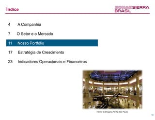 Índice


4    A Companhia

7    O Setor e o Mercado

11   Nosso Portfólio

17   Estratégia de Crescimento

23   Indicadores Operacionais e Financeiros




                                              Interior do Shopping Penha (São Paulo)
                                                                                       10
 