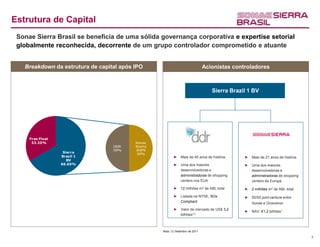 Estrutura de Capital
 Sonae Sierra Brasil se beneficia de uma sólida governança corporativa e expertise setorial
 globalmente reconhecida, decorrente de um grupo controlador comprometido e atuante


   Breakdown da estrutura de capital após IPO                                Acionistas controladores



                                                                                Sierra Brazil 1 BV




     Free Float
      33.35%

                   Sierra
                  Brazil 1                             ► Mais de 45 anos de história        ► Mais de 21 anos de história
                     BV
                  66.65%                               ► Uma dos maiores                    ► Uma dos maiores
                                                         desenvolvedoras e                    desenvolvedoras e
                                                         administradoras de shopping          administradoras de shopping
                                                         centers nos EUA                      centers da Europa

                                                       ► 12 milhões m2 de ABL total         ► 2 milhões m2 de ABL total
                                                       ► Listada na NYSE, SOx               ► 50/50 joint-venture entre
                                                         Compliant                              Sonae e Grosvenor
                                                       ► Valor de mercado de US$ 3,2
                                                                                            ► NAV: €1,2 bilhões1
                                                         bilhões(1)



                                                Nota: (1) Setembro de 2011

                                                                                                                            5
 
