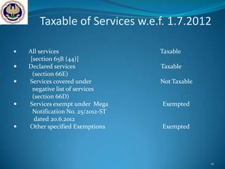 Taxable of Services w.e.f. 1.7.2012

   All services                    Taxable
     [section 65B (44)]
   Declared services               Taxable
      (section 66E)
   Services covered under          Not Taxable
      negative list of services
      (section 66D)
   Services exempt under Mega      Exempted
      Notification No. 25/2012-ST
       dated 20.6.2012
   Other specified Exemptions      Exempted




                                                  12
 